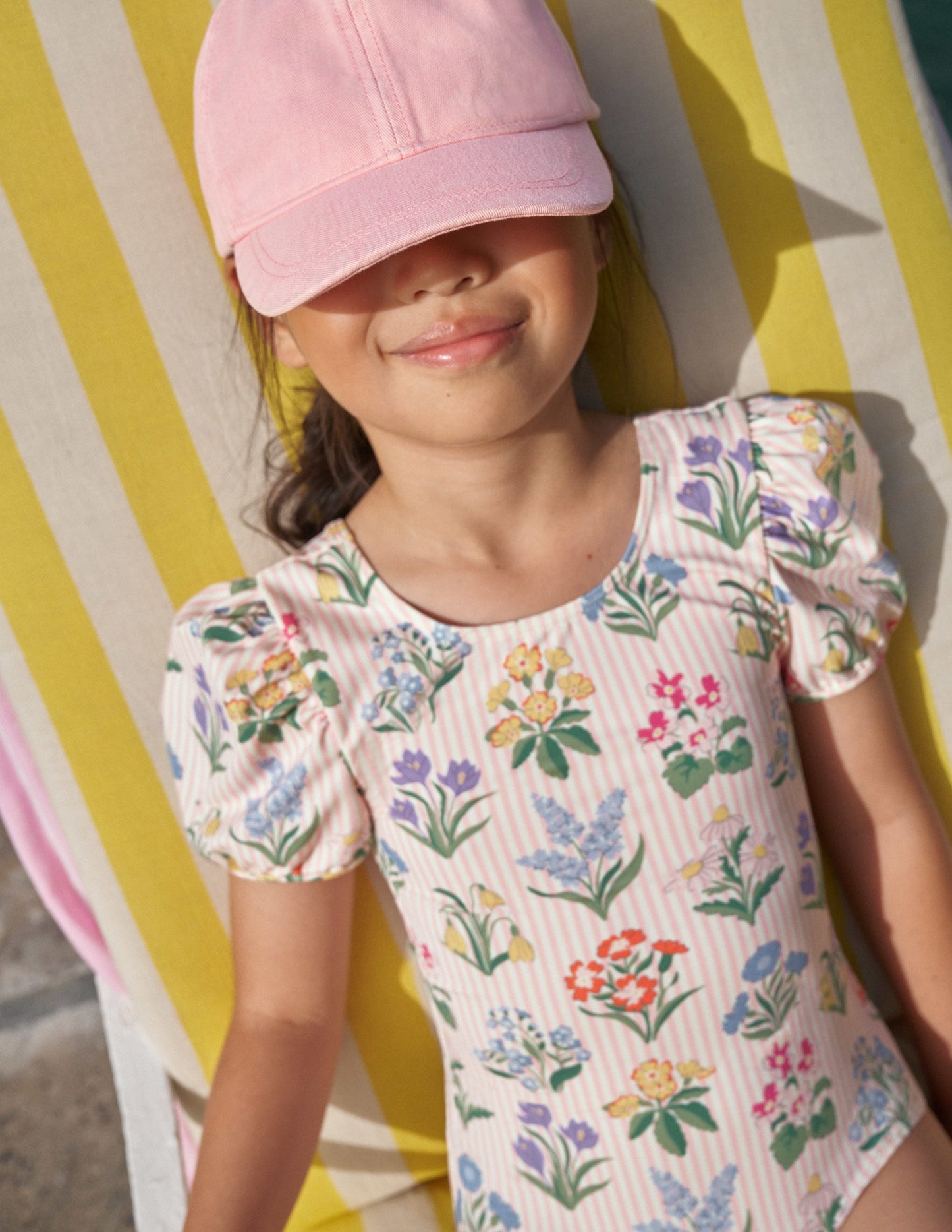 Maillot de bain imprimé à manches bouffantes-Fleur coutil rose