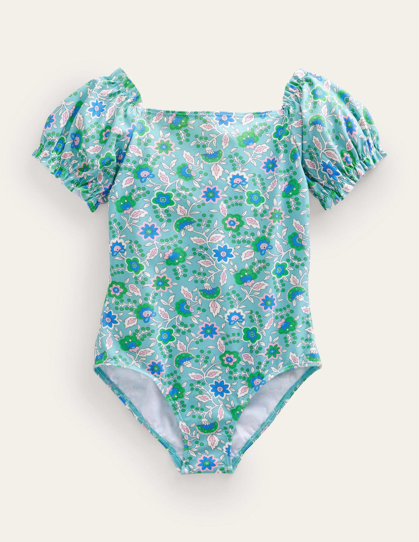 Badeanzug mit Puffärmeln-Wasserblau, Blumenranken