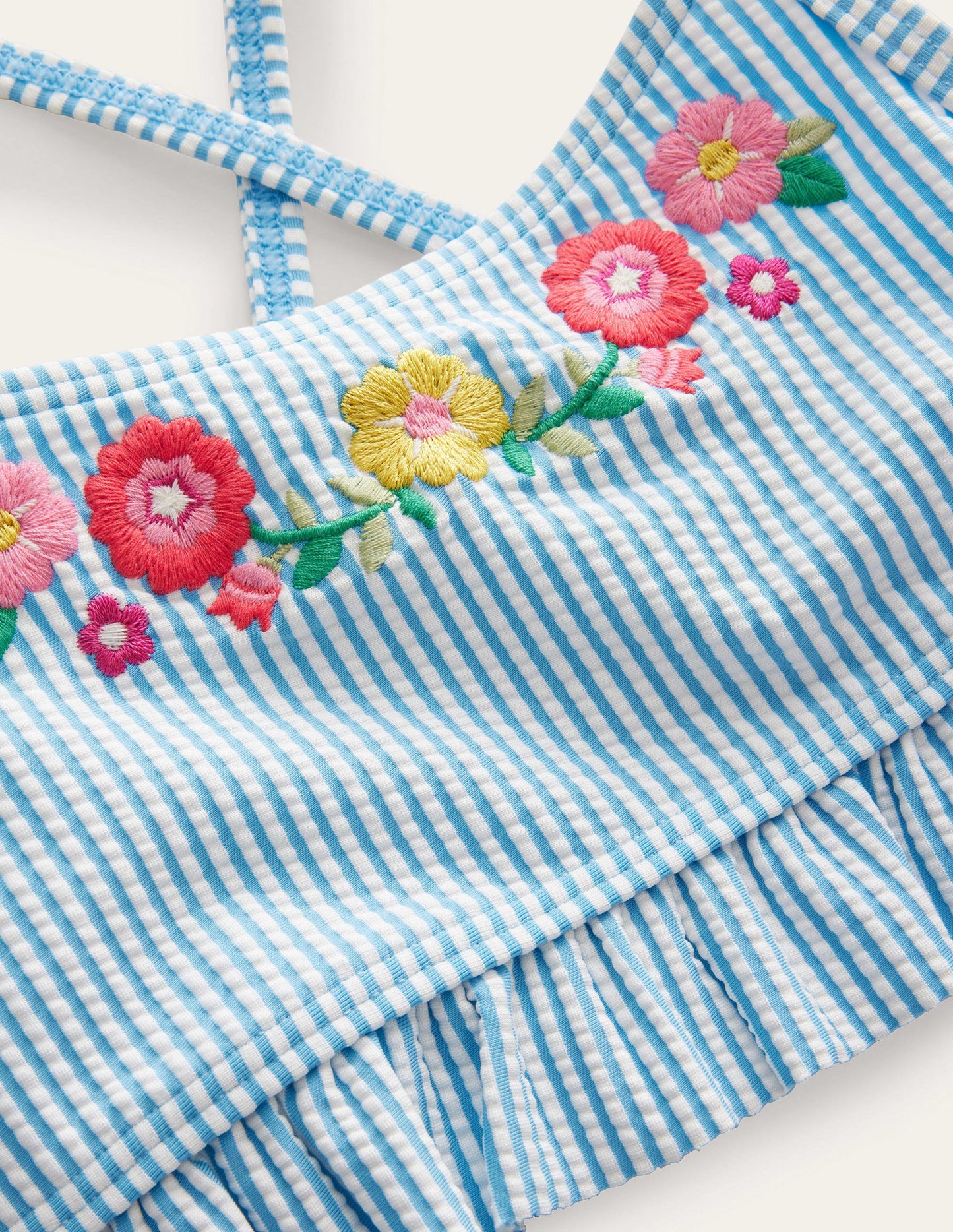 Rüschenbikini mit Stickerei-Naturweiß/Surfbrett-Blau, Gestreift