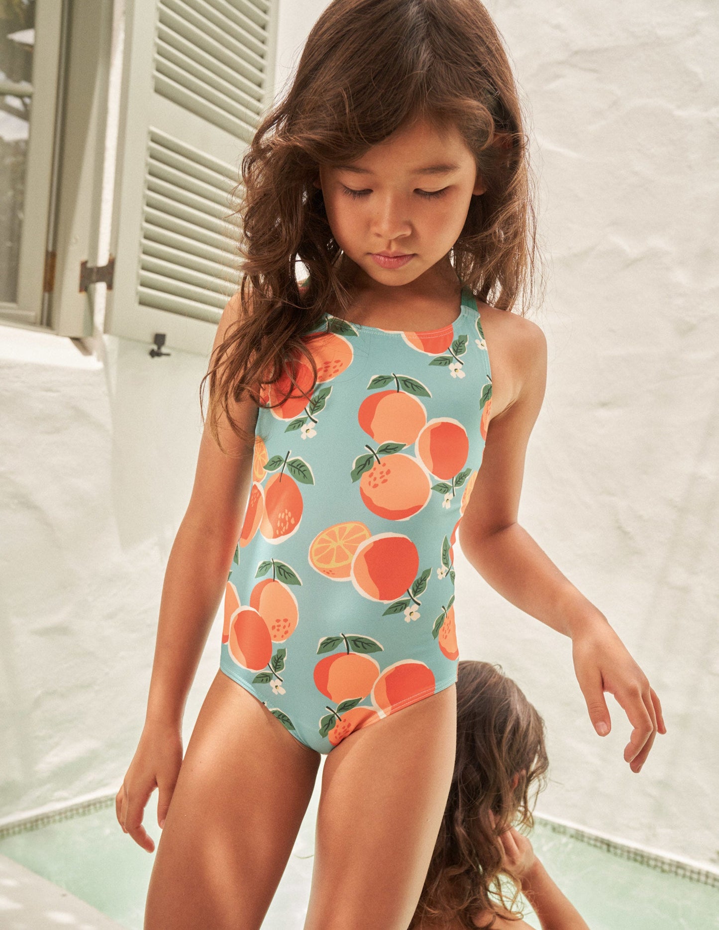 Maillot de bain imprimé croisé dans le dos-Bleu aigue-marine, motif Oranges