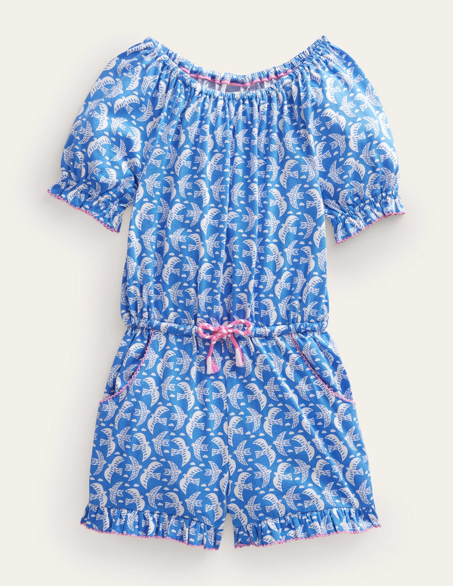 Combishort en jersey imprimé-Oiseaux bleu cabanon