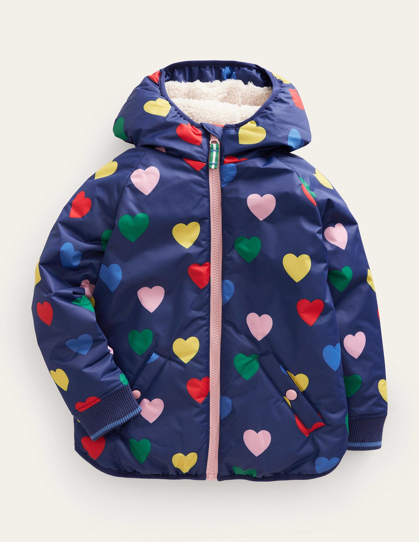 Printed Sherpa Lined Anorak-Navy Hearts