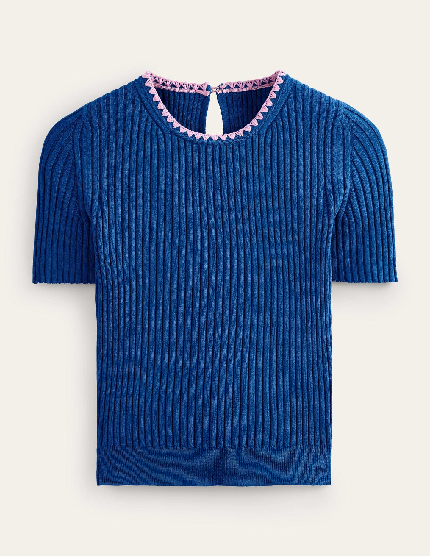 Strick-T-Shirt mit Häkelrand-Saphirblau