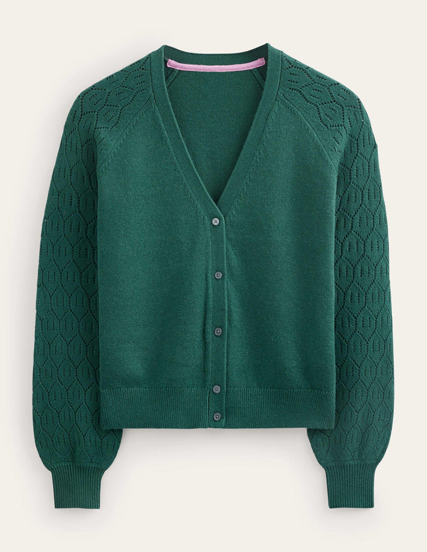 Strickjacke mit Pointelle-Ärmeln-Dunkles Smaragdgrün