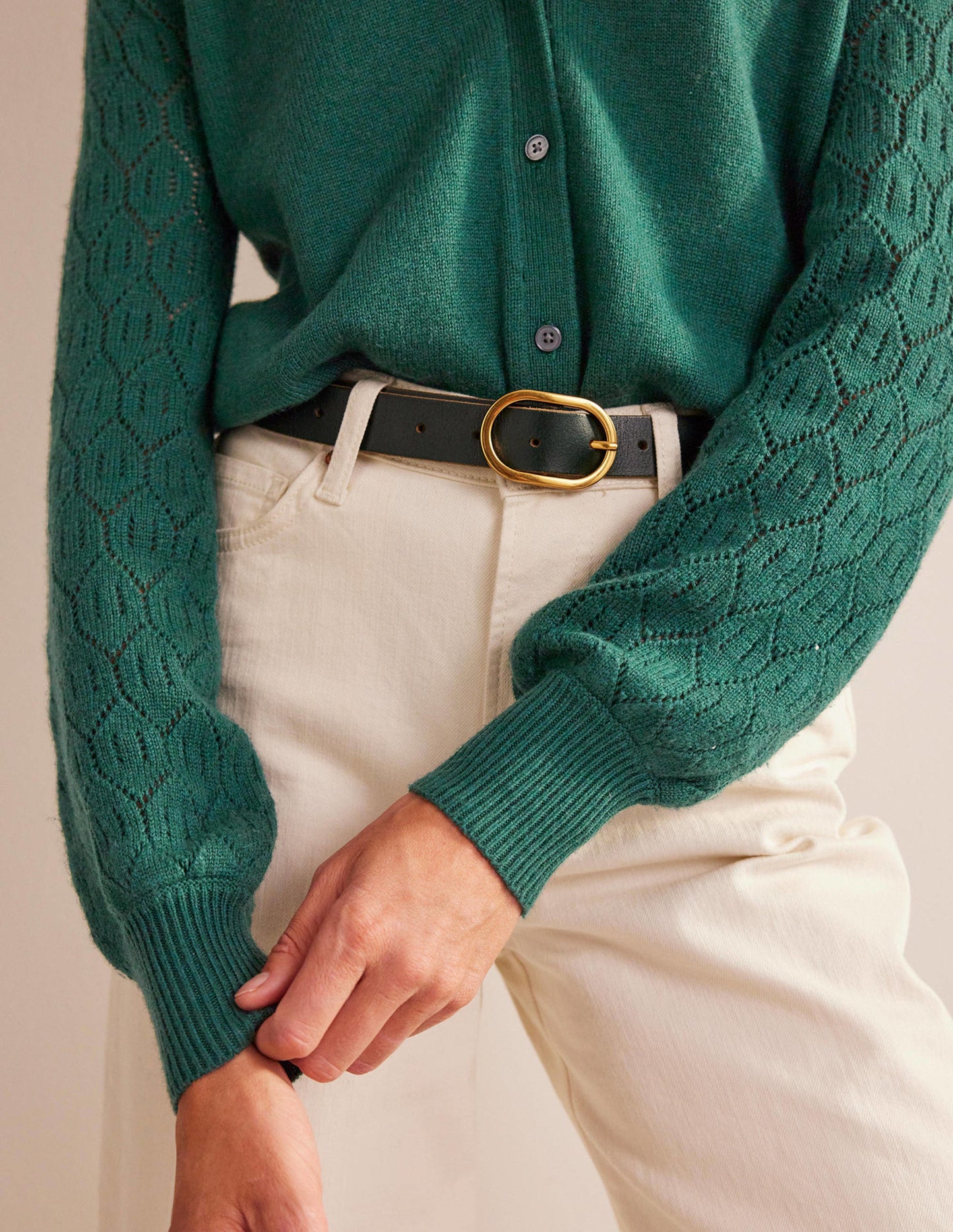 Strickjacke mit Pointelle-Ärmeln-Dunkles Smaragdgrün