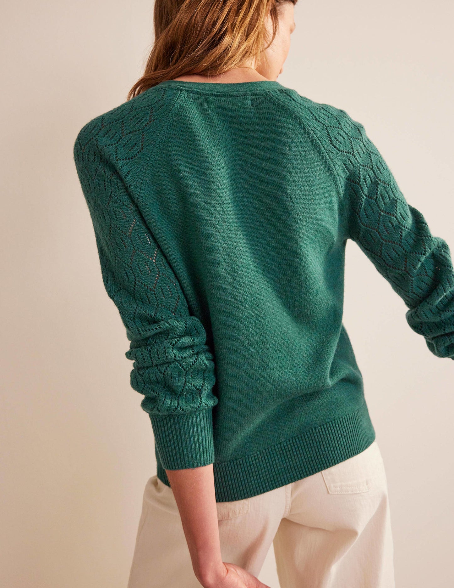 Strickjacke mit Pointelle-Ärmeln-Dunkles Smaragdgrün