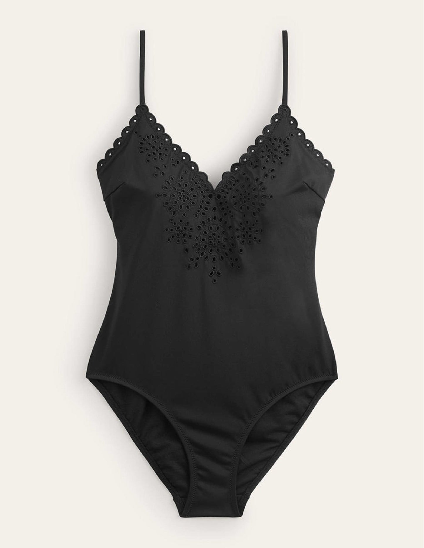 Maillot de bain col V à broderie anglaise-Noir