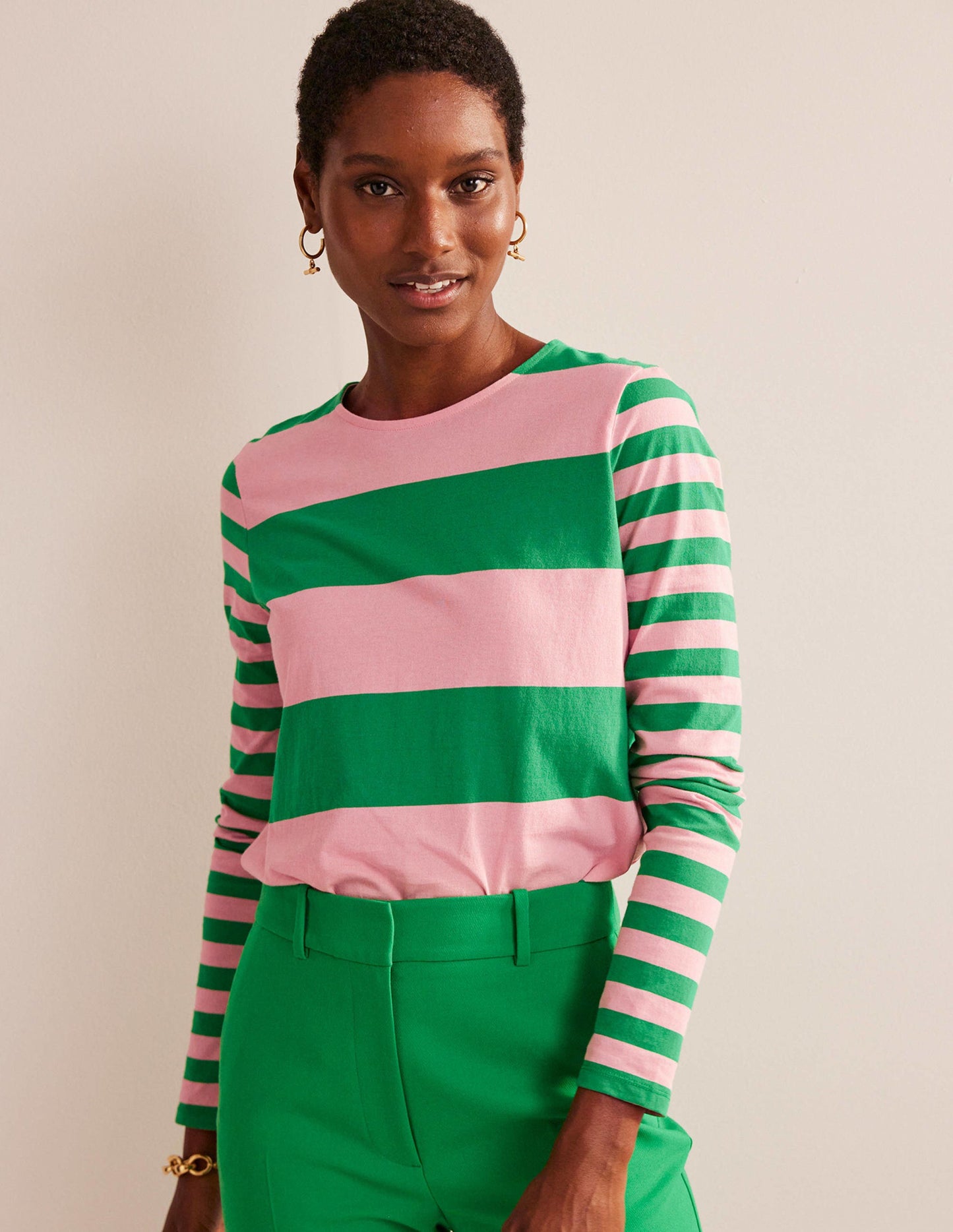 Marinière Bea à manches longues-Rose, motif pêle-mêle vert