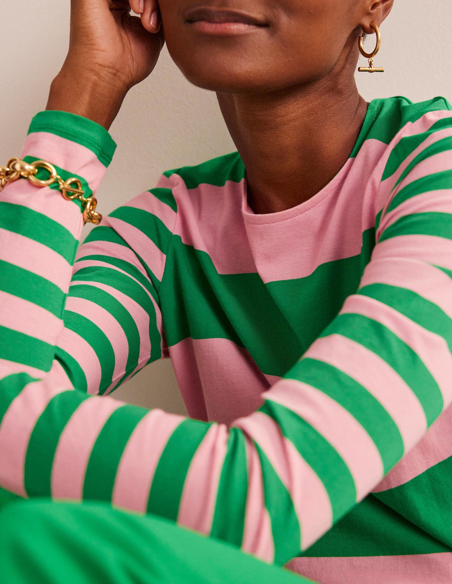 Marinière Bea à manches longues-Rose, motif pêle-mêle vert