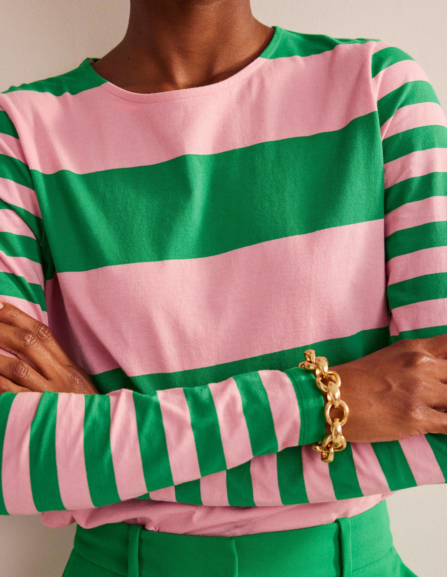Marinière Bea à manches longues-Rose, motif pêle-mêle vert