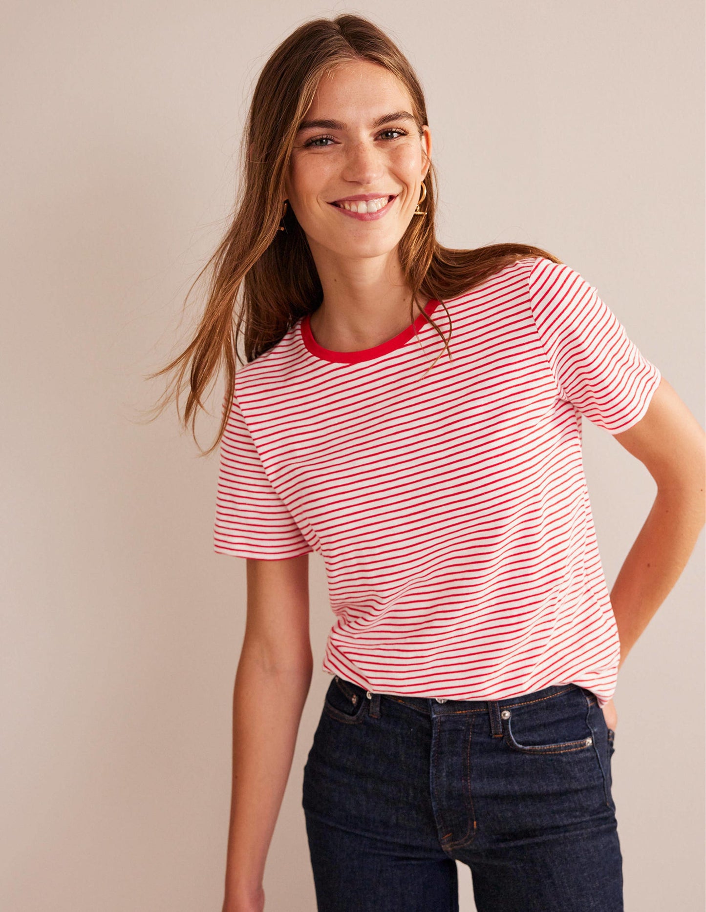 Cotton Crew Neck T-Shirt-Ivory, Red