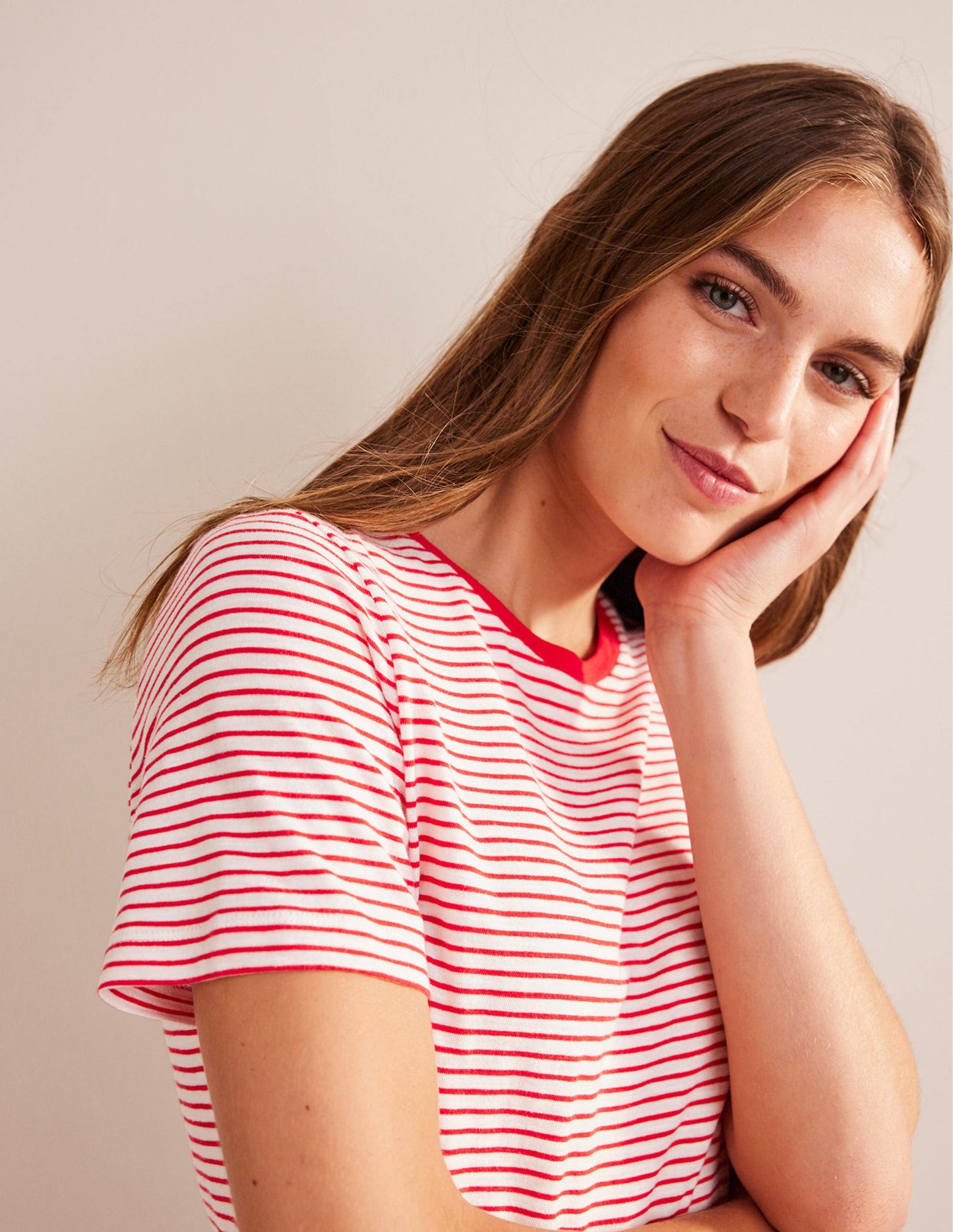 Cotton Crew Neck T-Shirt-Ivory, Red
