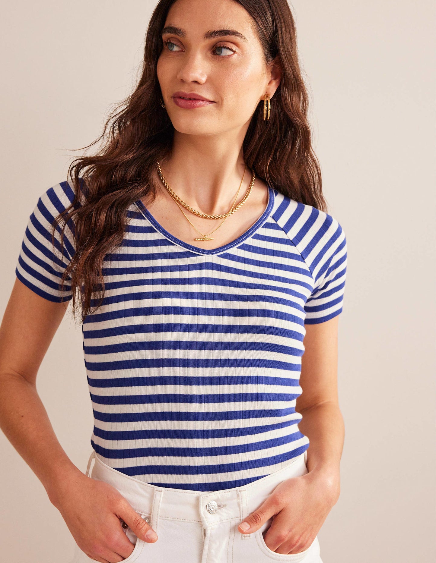 Ada Gestreiftes T-Shirt mit Rippstruktur-Lapisblau, Naturweiß Gestreift
