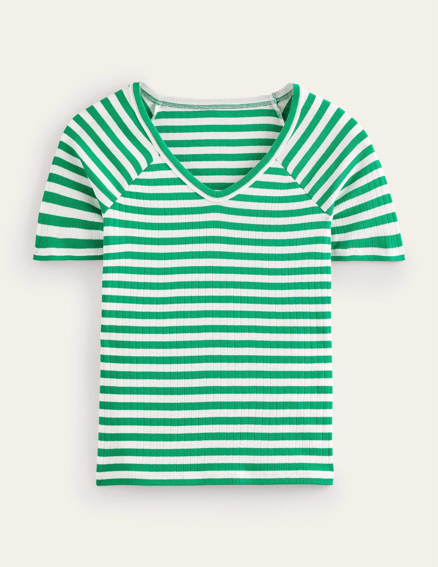 Ada Gestreiftes T-Shirt mit Rippstruktur-Wiesengrün, Naturweiß Gestreift