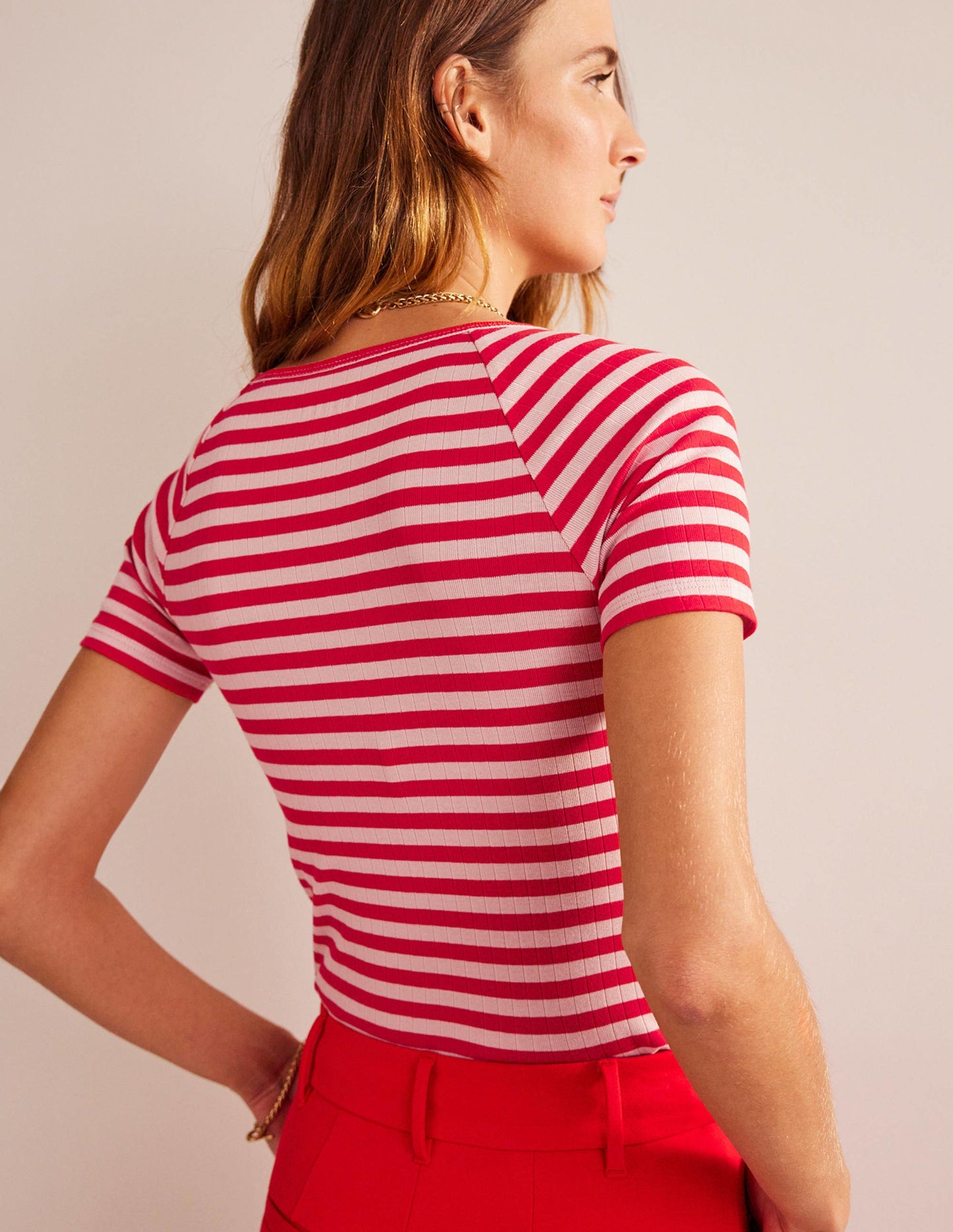 Ada Gestreiftes T-Shirt mit Rippstruktur-Pfirsichhaut, Pepperoni Gestreift