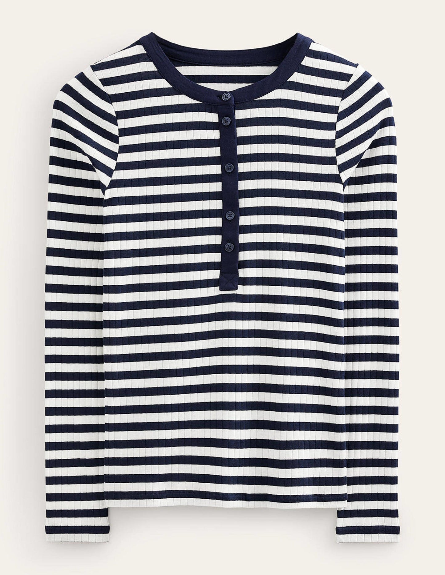 Anna Henley-T-Shirt aus Rippstrick-Marineblau, Naturweiß