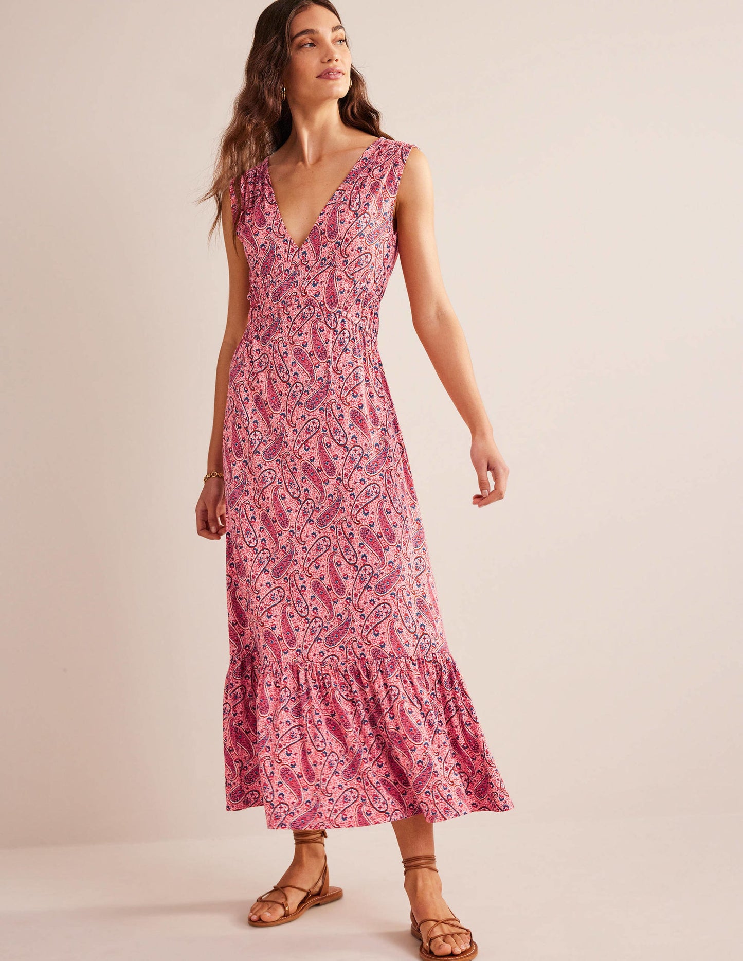Jersey-Maxikleid mit Smokdetails-Beerenrosa, Paisleyblüten
