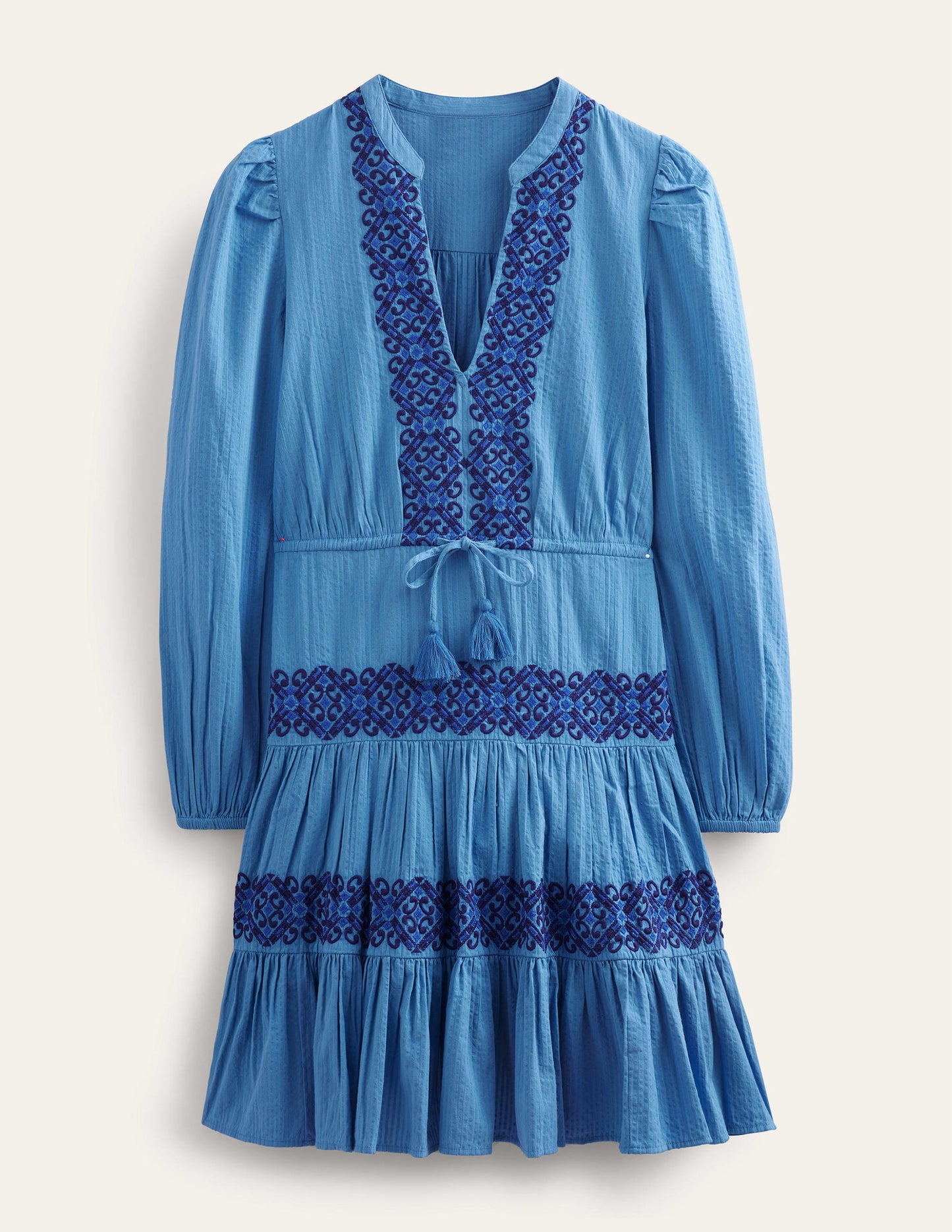 Stufenkleid mit Stickerei-Porzellanblau