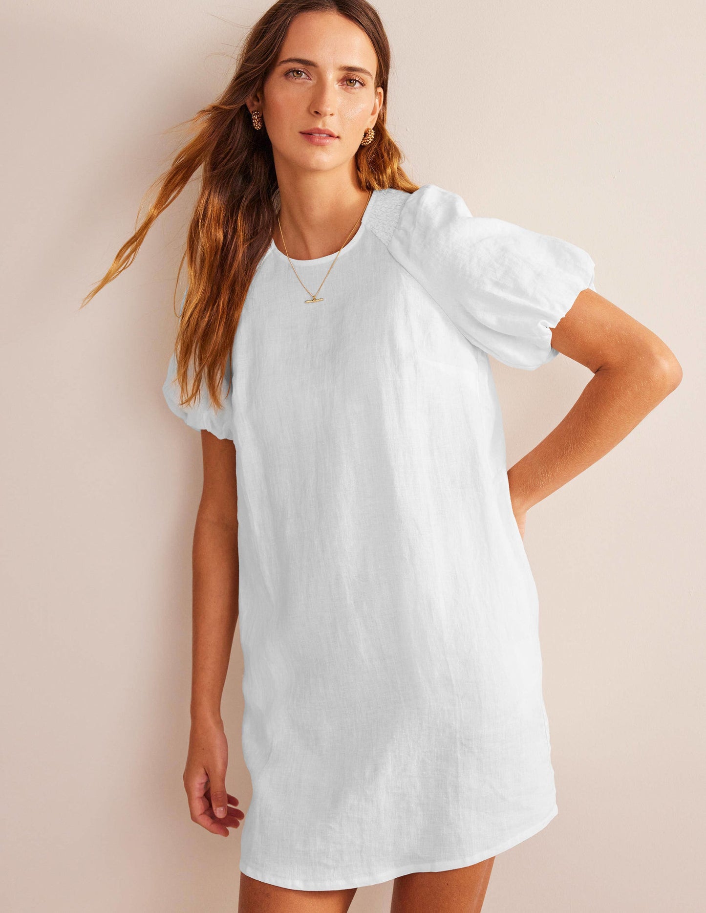 Leinen-Minikleid mit Ärmeldetail-Weiß