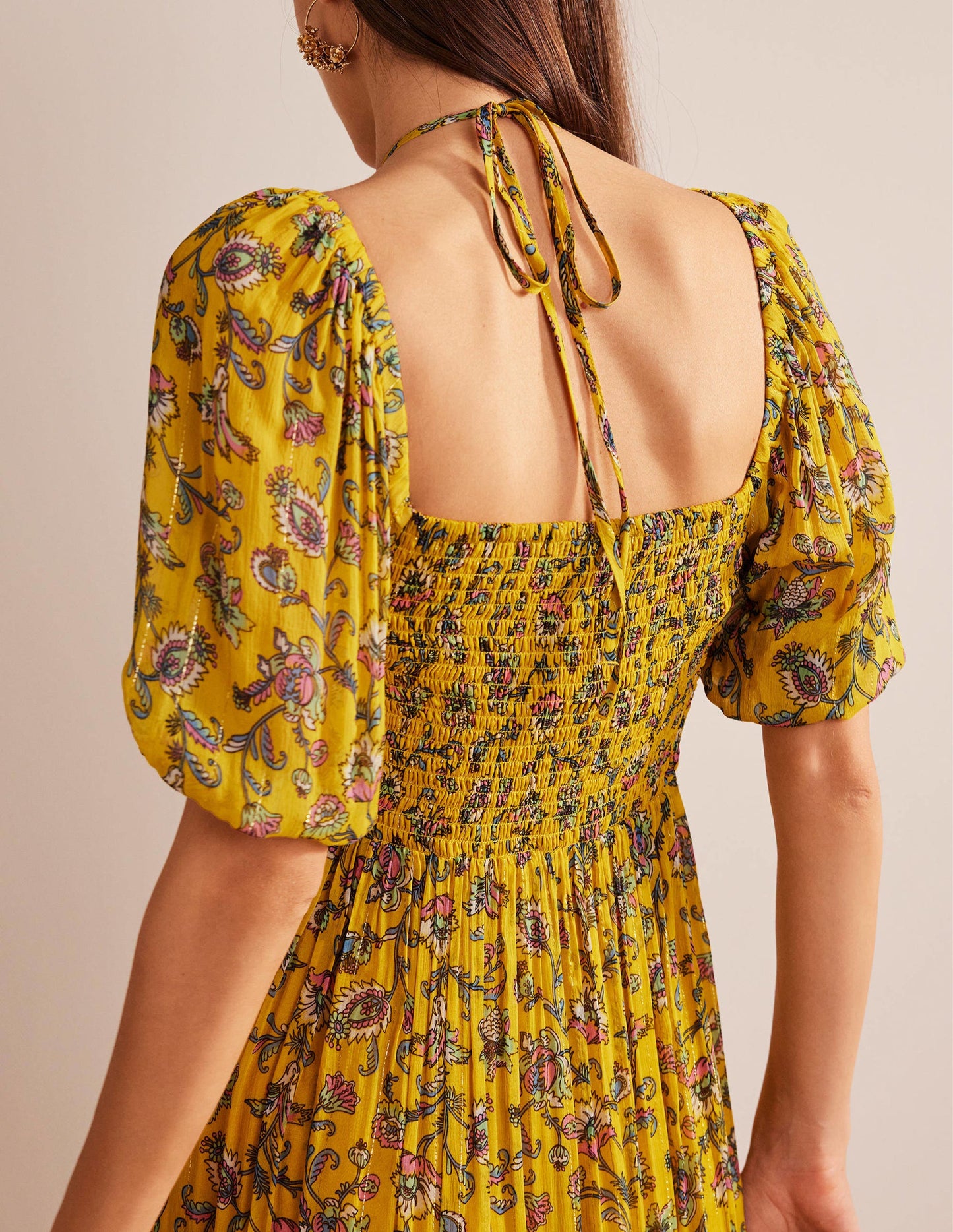 Neckholder-Maxikleid-Senfgelb, Blumenwiese