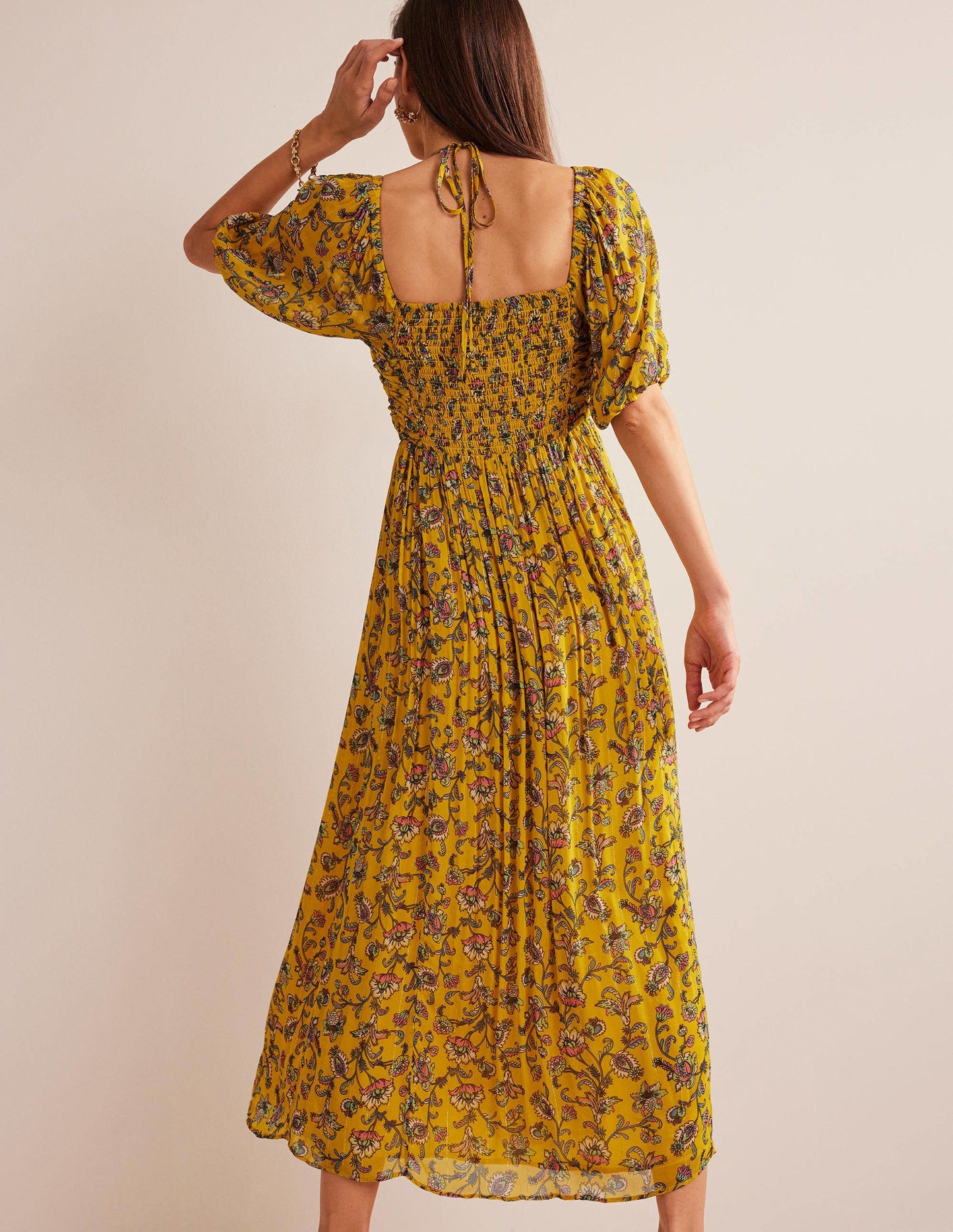 Neckholder-Maxikleid-Senfgelb, Blumenwiese
