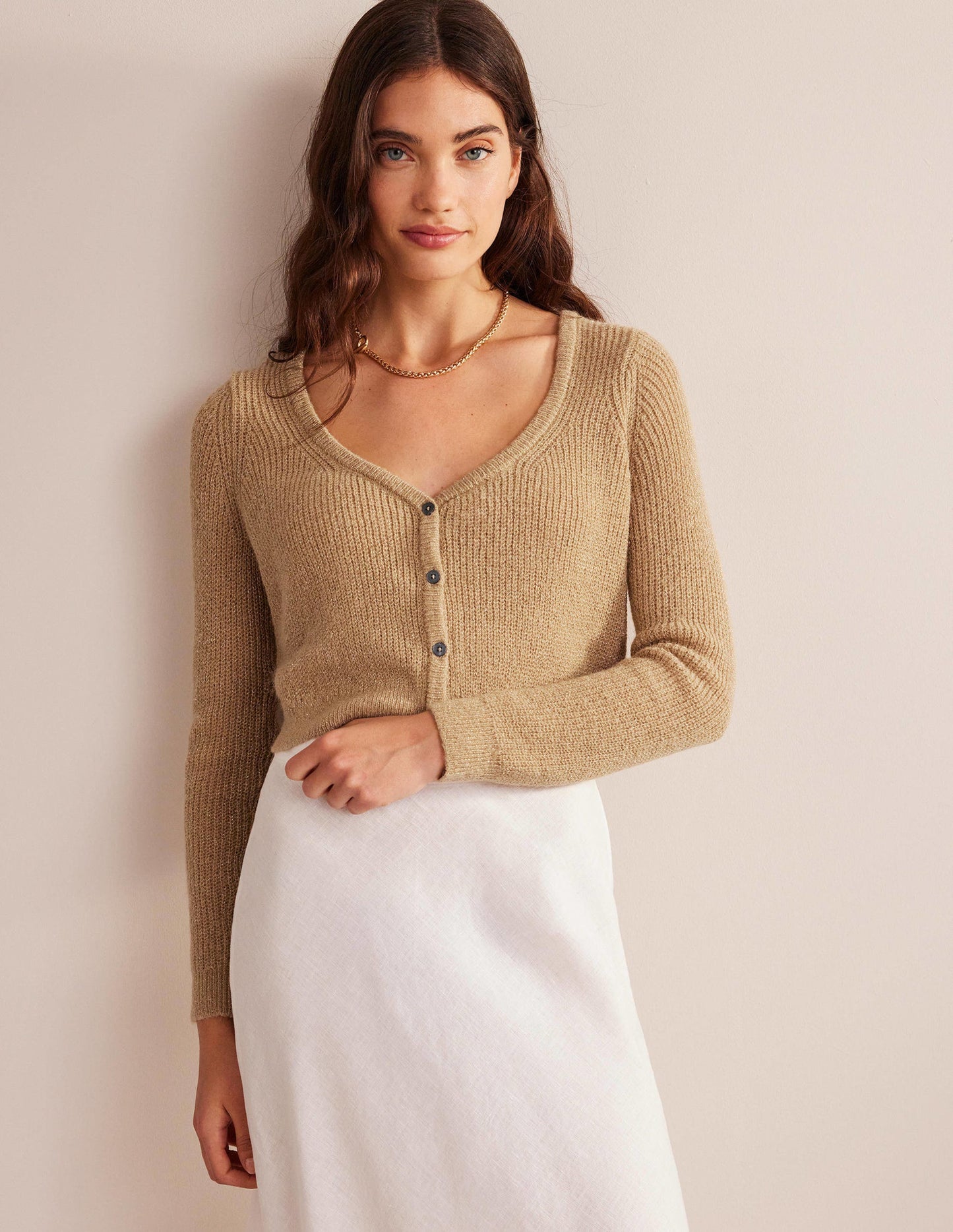 Flauschiger Cardigan mit kurzem Schnitt-Kamelbraun Melange, Glitzer