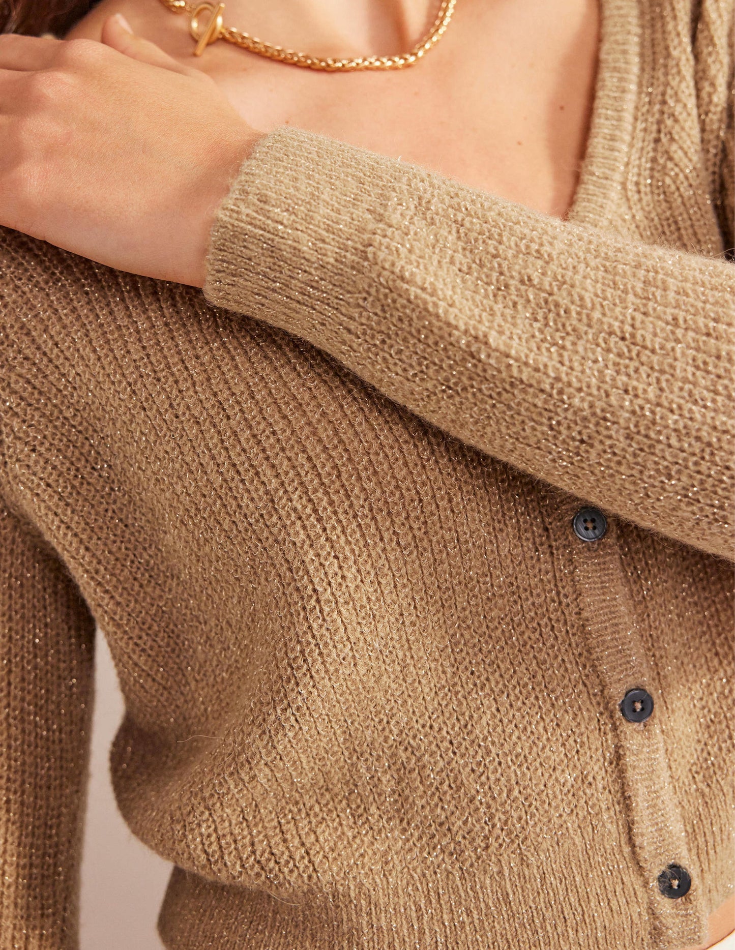 Flauschiger Cardigan mit kurzem Schnitt-Kamelbraun Melange, Glitzer