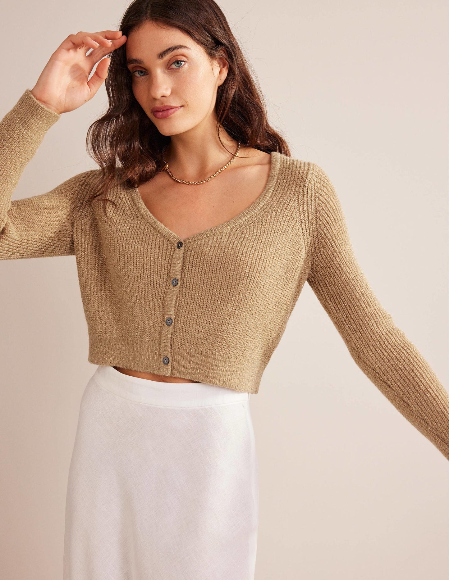 Flauschiger Cardigan mit kurzem Schnitt-Kamelbraun Melange, Glitzer
