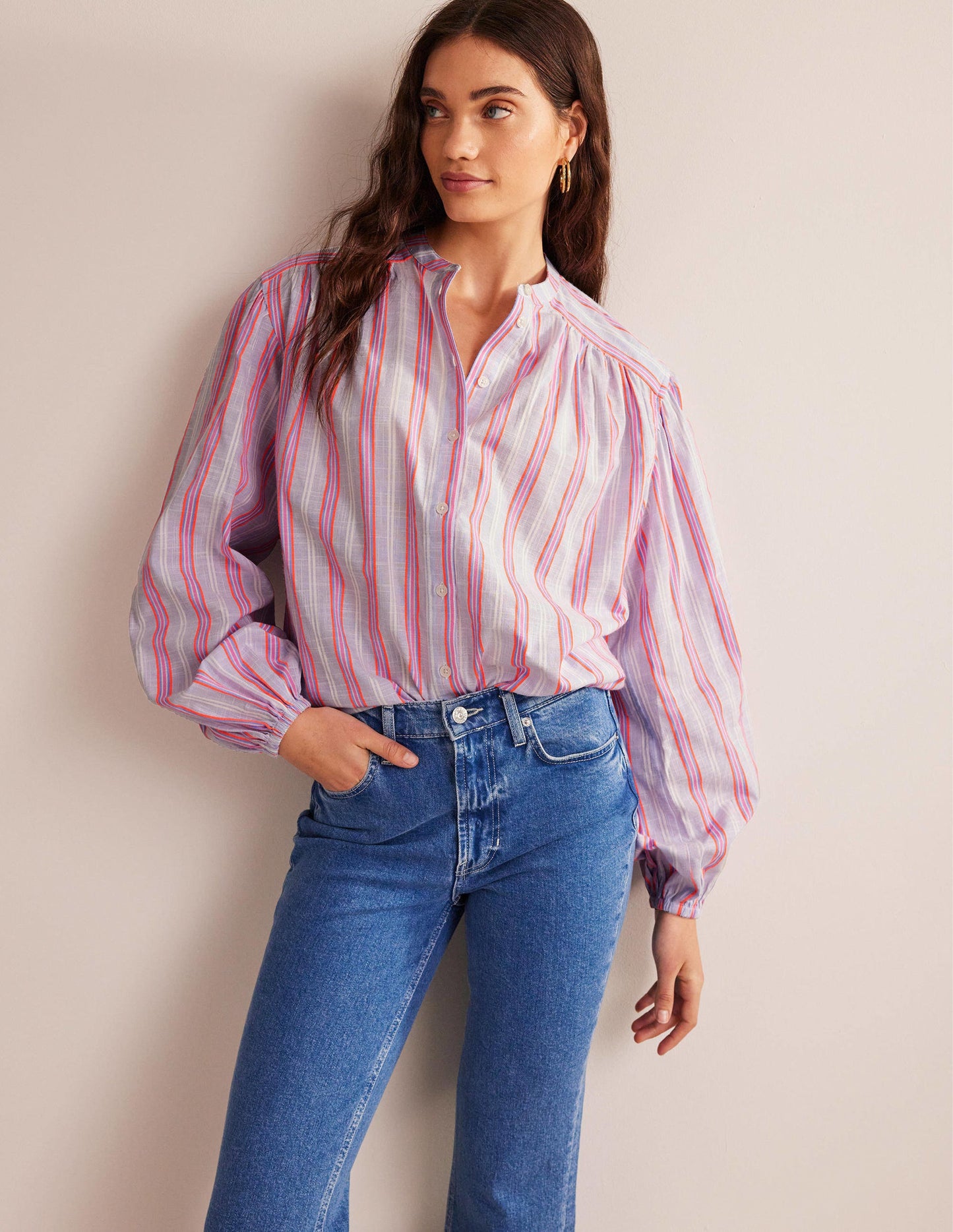 Chemise oversize à manches blousantes-Bleu et punch pastèque