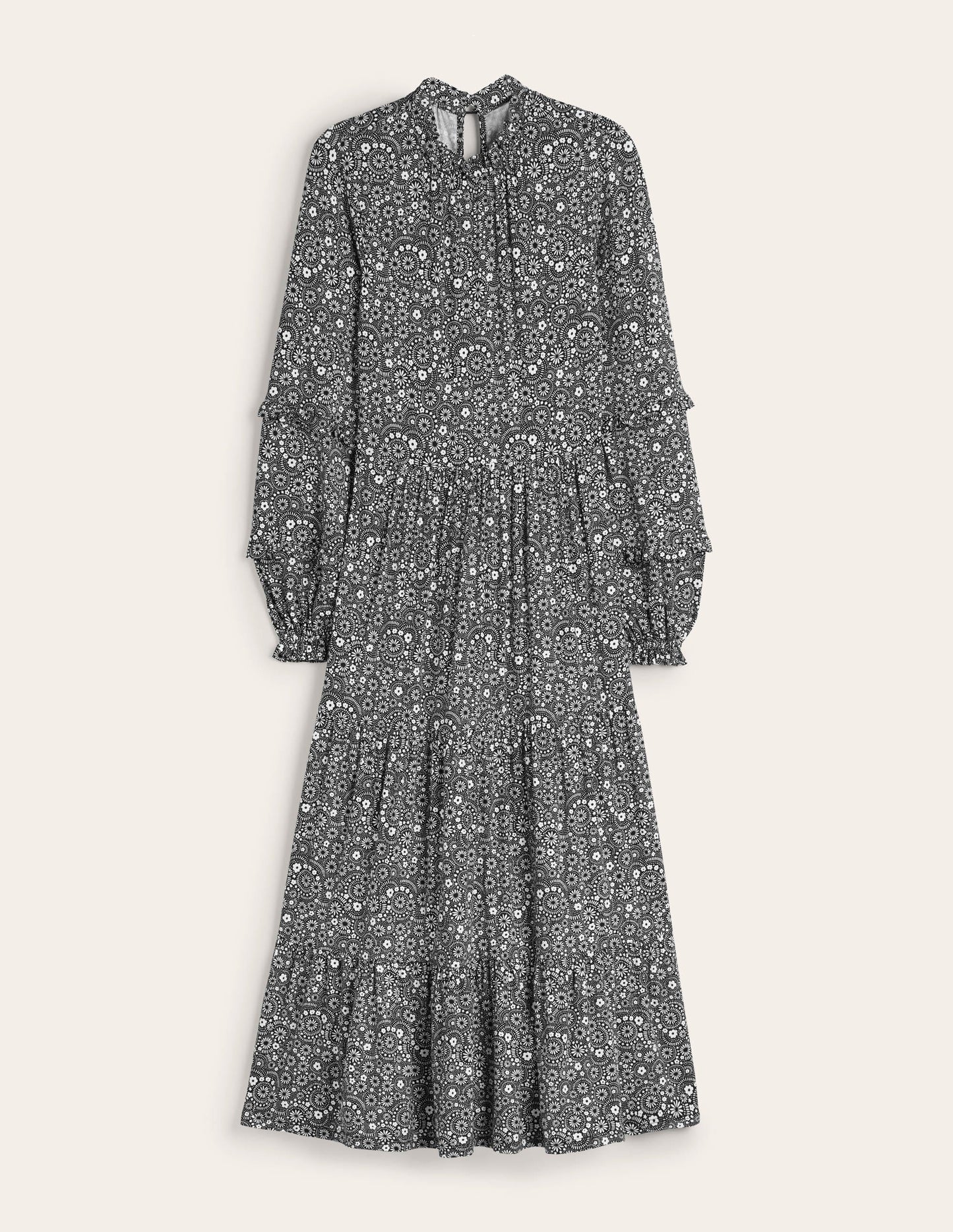 Midi-Jerseykleid mit Stufen-Schwarz, Tupfen, Gänseblümchen