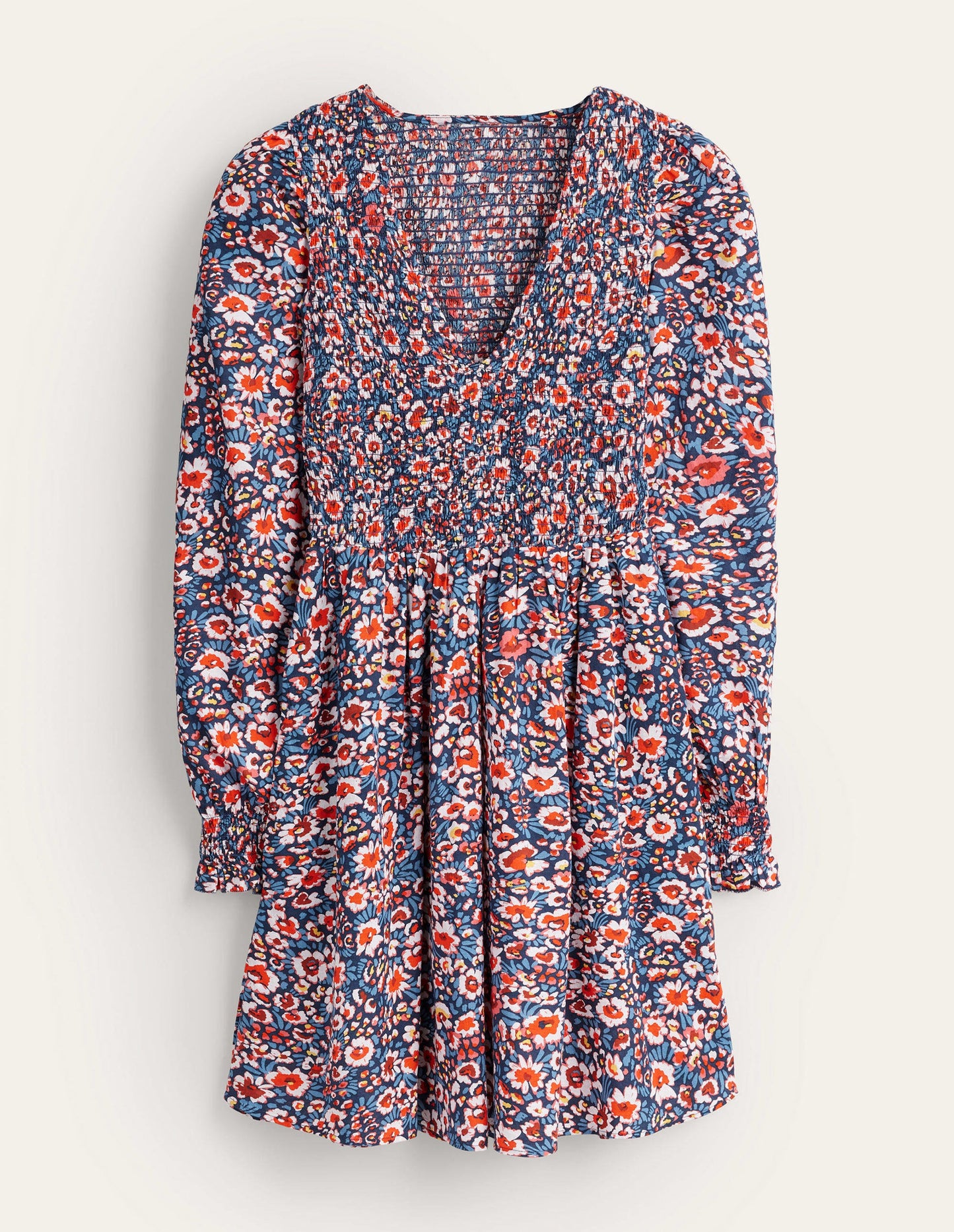 Minikleid mit gesmoktem Oberteil-Französisches Marineblau, Paradiesblüten