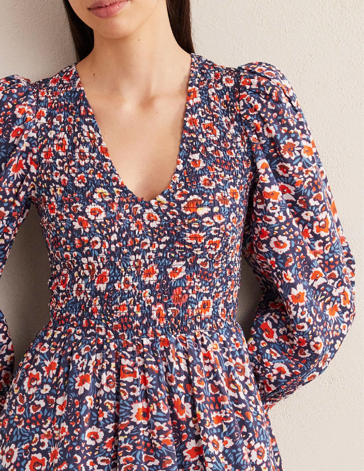 Minikleid mit gesmoktem Oberteil-Französisches Marineblau, Paradiesblüten