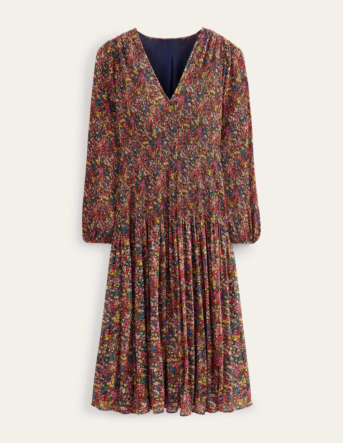 Plissee-Midikleid mit V-Ausschnitt-Bunt, Gardenienblüten