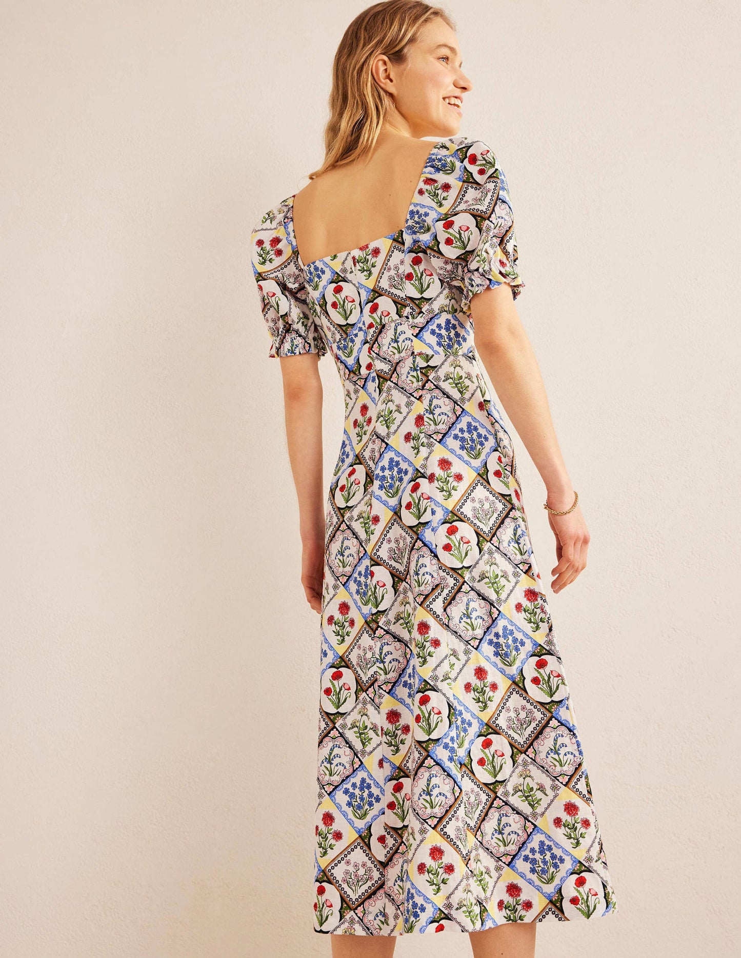 Leinen-Midikleid mit Herzausschnitt-Naturweiß, Wilde Glockenblumen