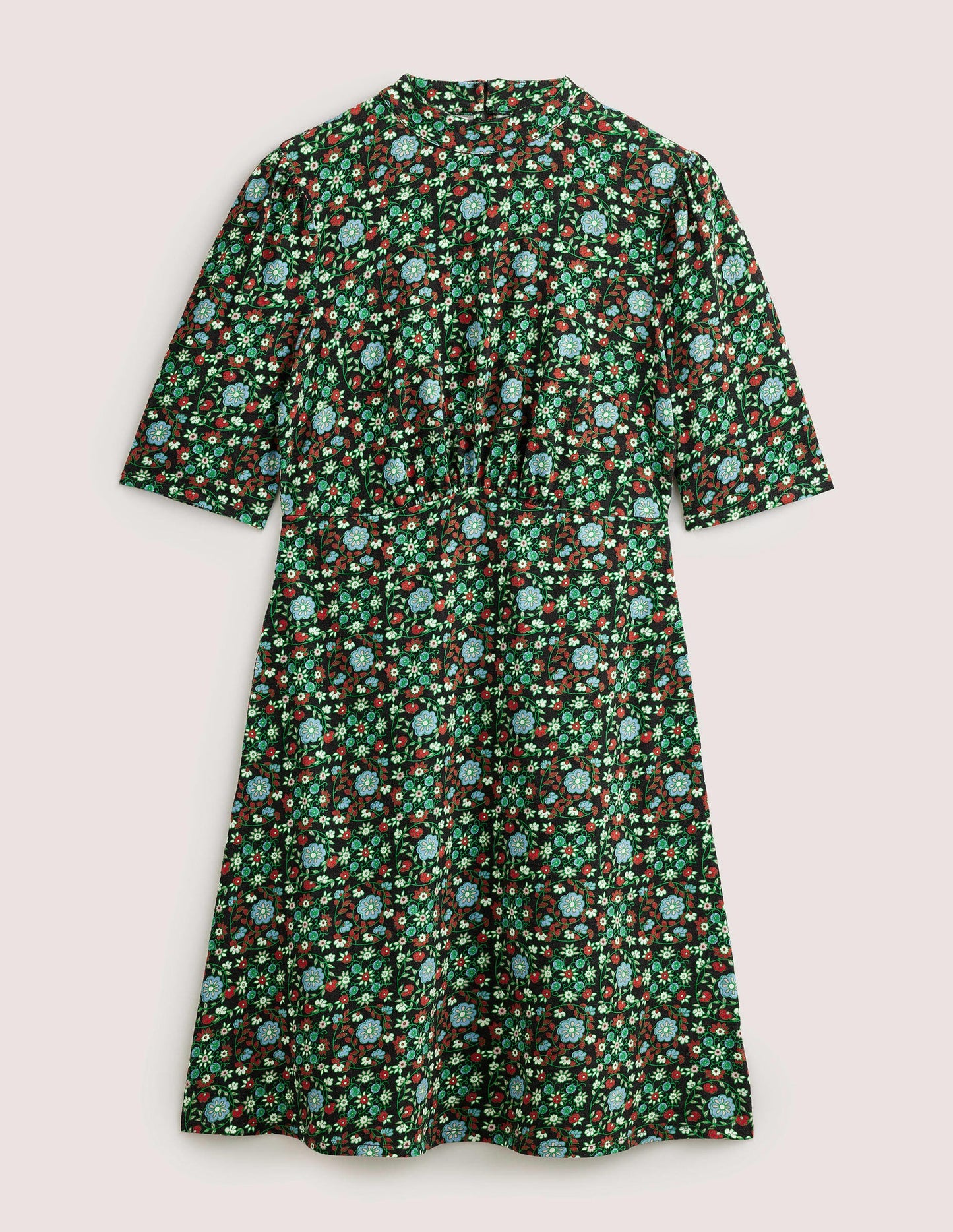 Jersey-Minikleid-Schwarz, Gardenien-Wirbelmuster