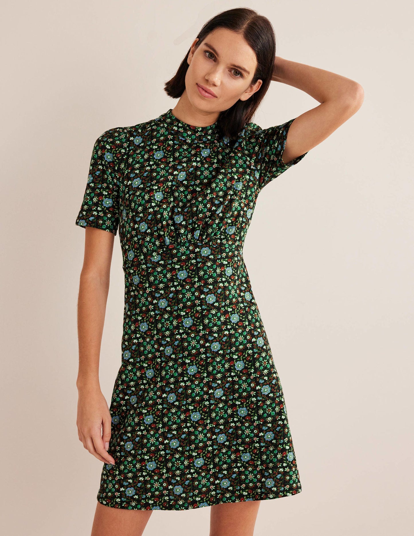 Jersey-Minikleid-Schwarz, Gardenien-Wirbelmuster