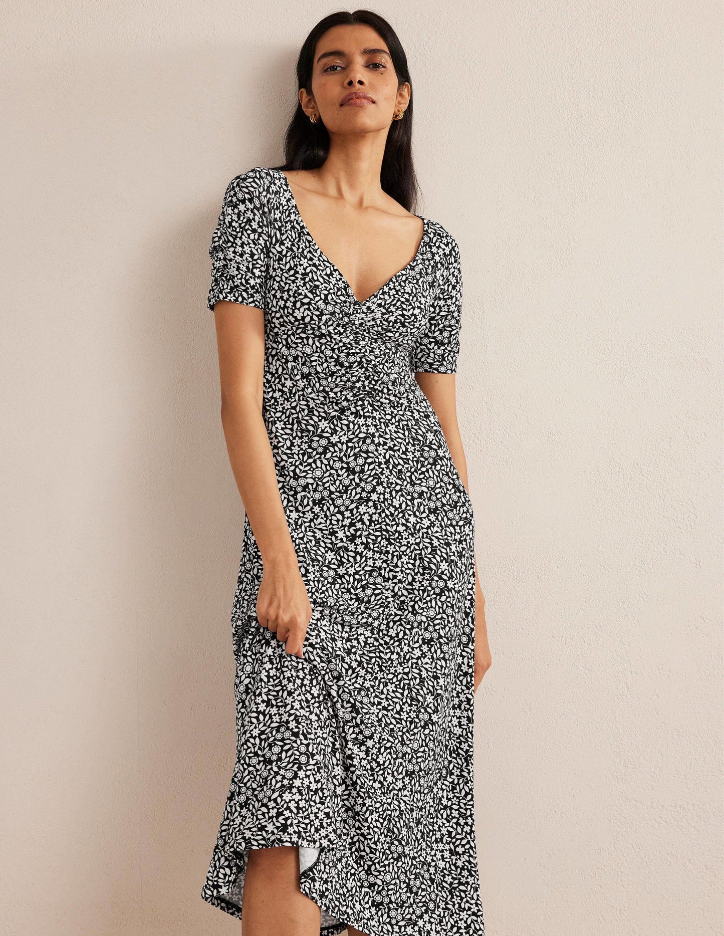 Gerafftes Midikleid aus Jersey-Schwarz, Knalliges Sonnenblumengelb