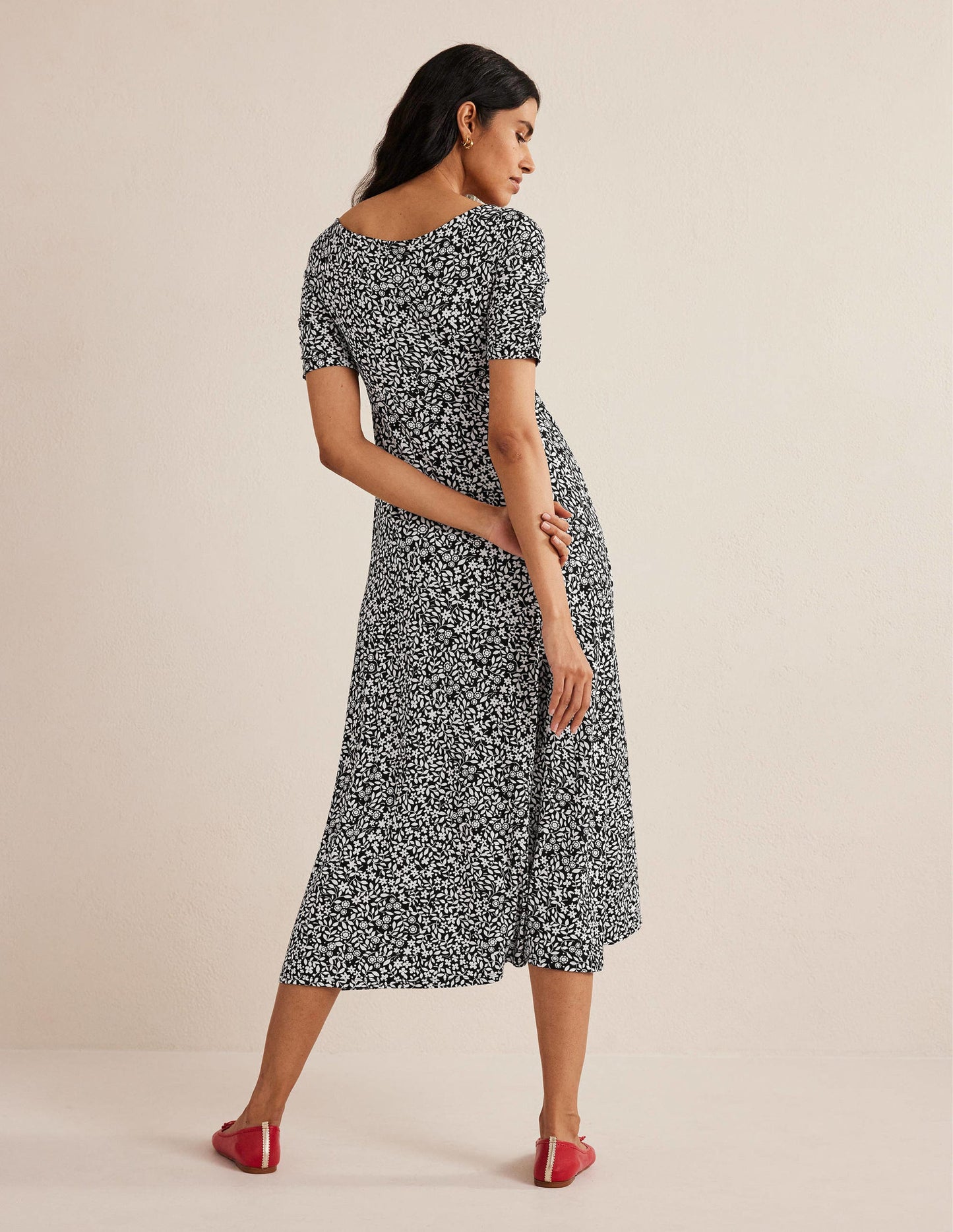 Gerafftes Midikleid aus Jersey-Schwarz, Knalliges Sonnenblumengelb