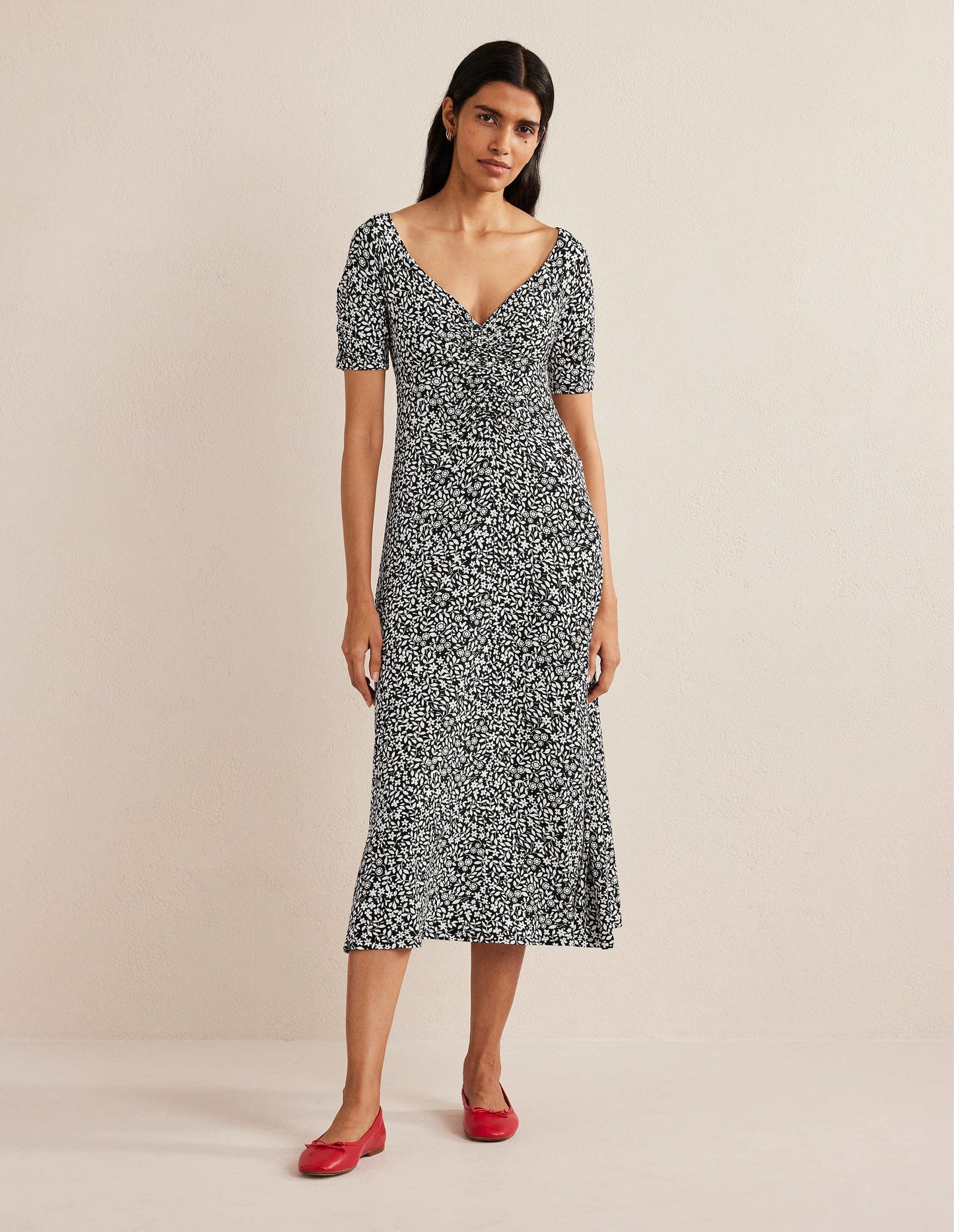 Gerafftes Midikleid aus Jersey-Schwarz, Knalliges Sonnenblumengelb