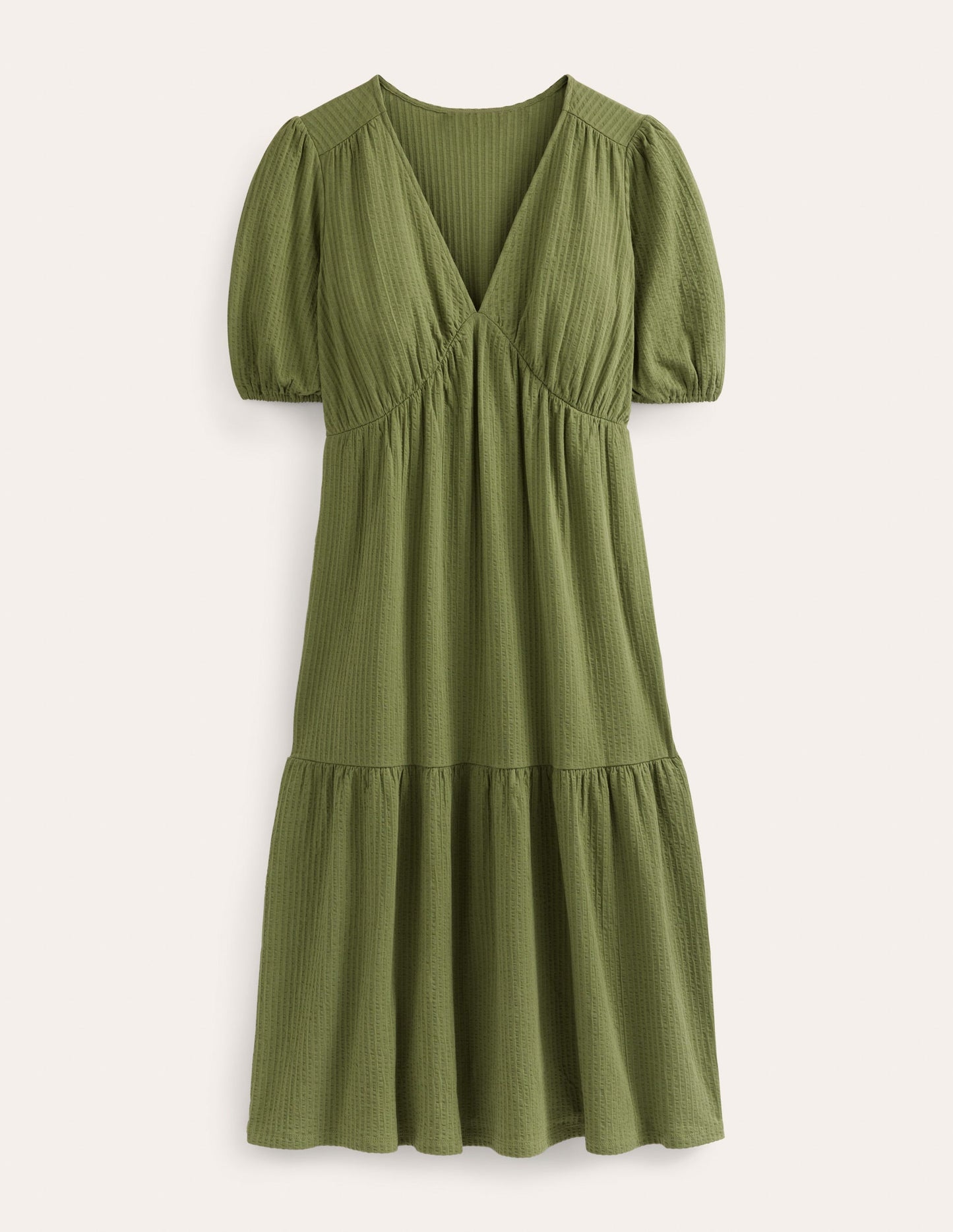 Midikleid aus Jersey-Seersucker-Dezentes Khaki