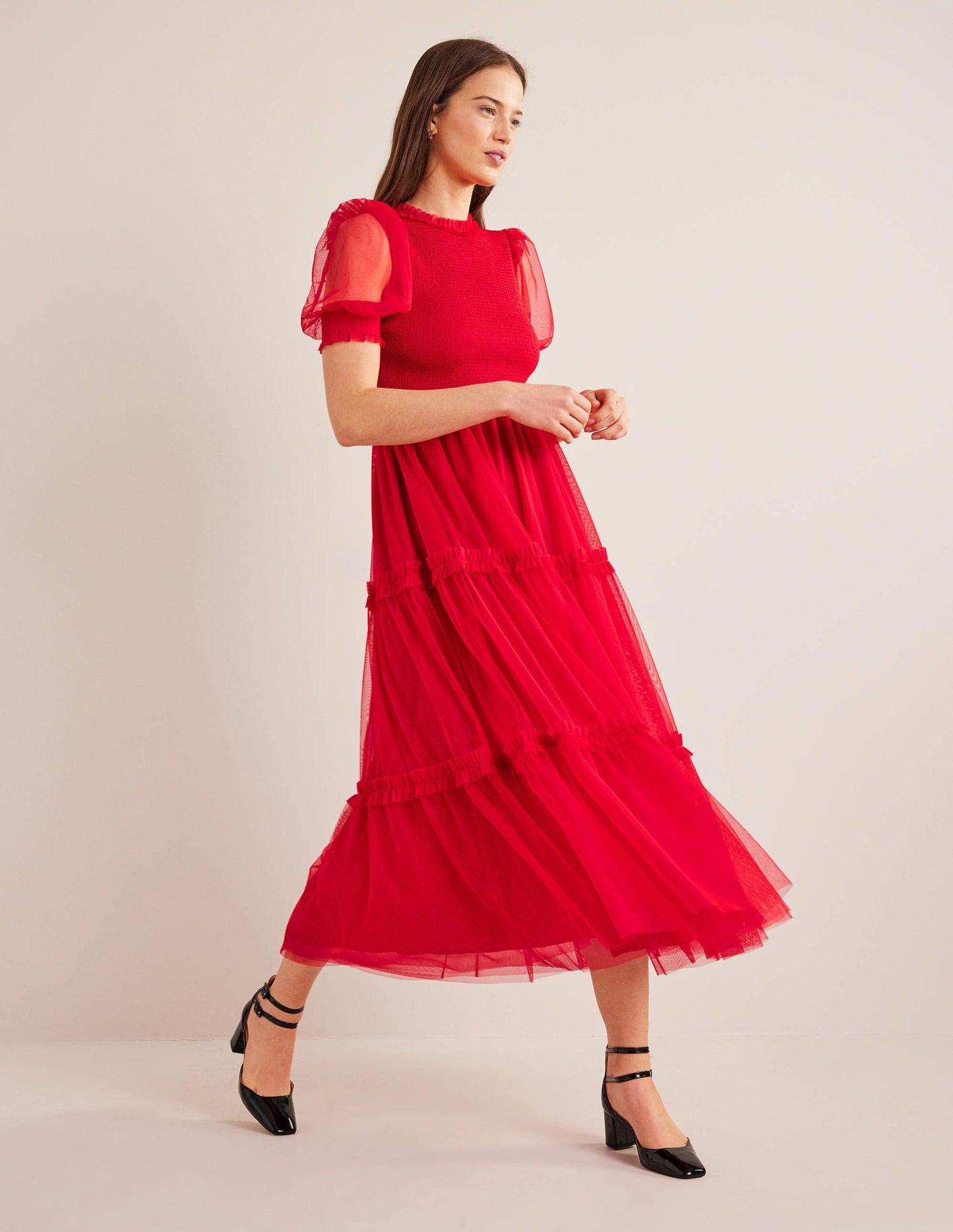 Maxikleid mit Smokdetails und Tüll-Dunkles Rosé