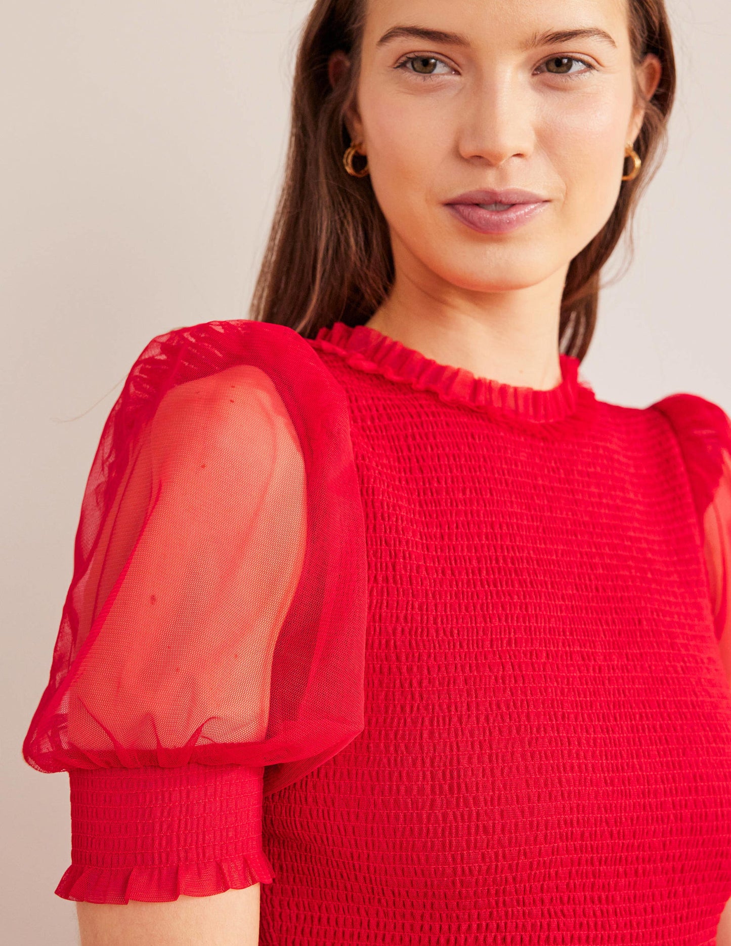 Maxikleid mit Smokdetails und Tüll-Dunkles Rosé