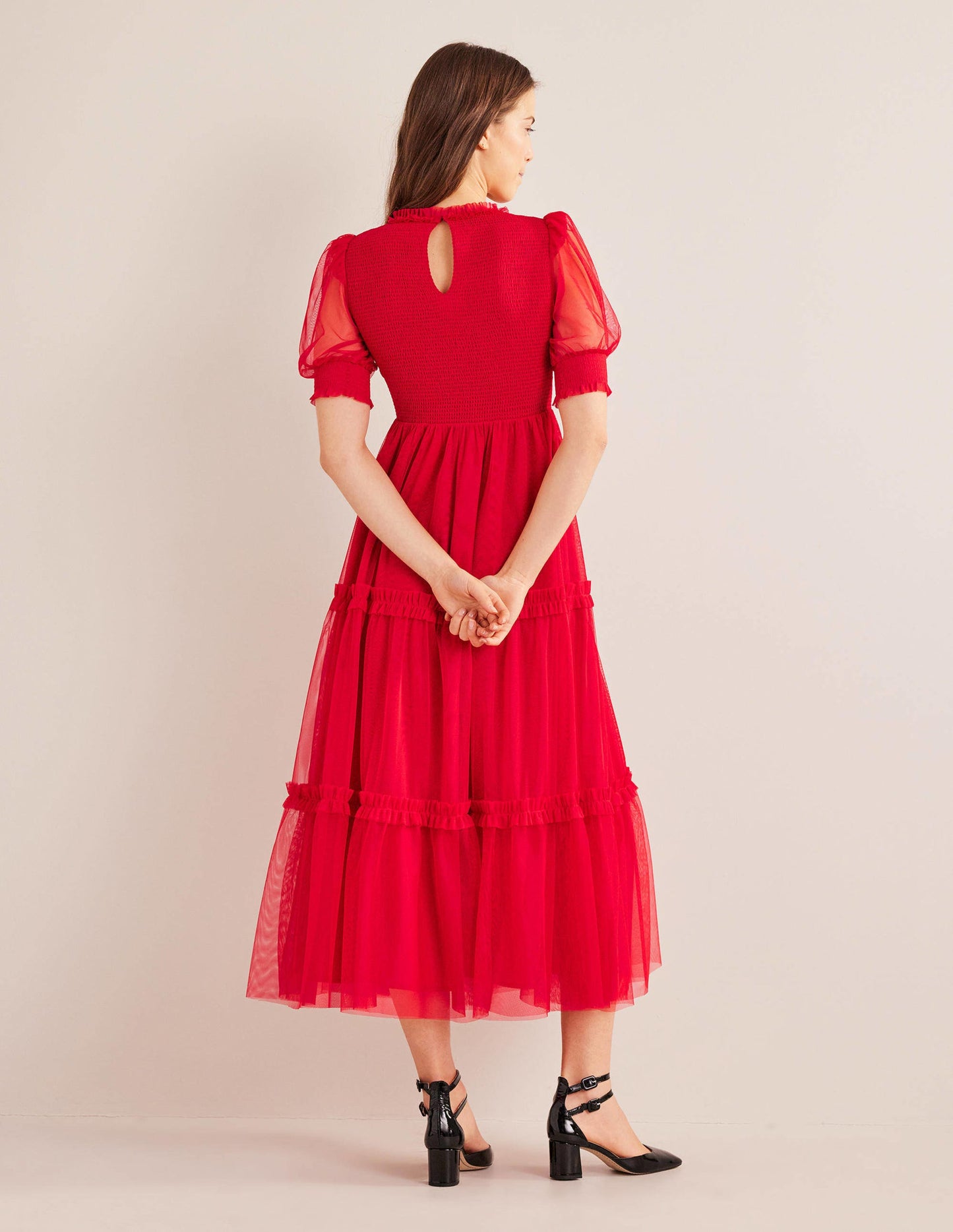 Maxikleid mit Smokdetails und Tüll-Dunkles Rosé