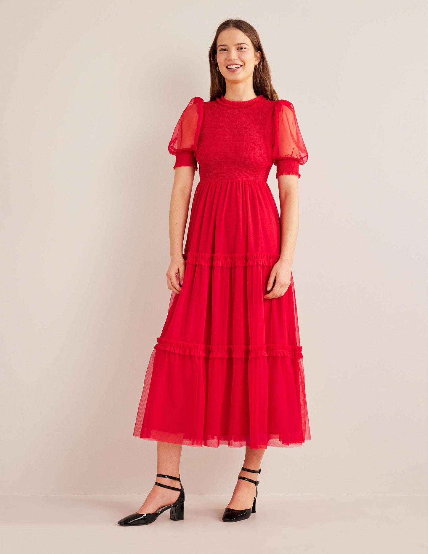 Maxikleid mit Smokdetails und Tüll-Dunkles Rosé
