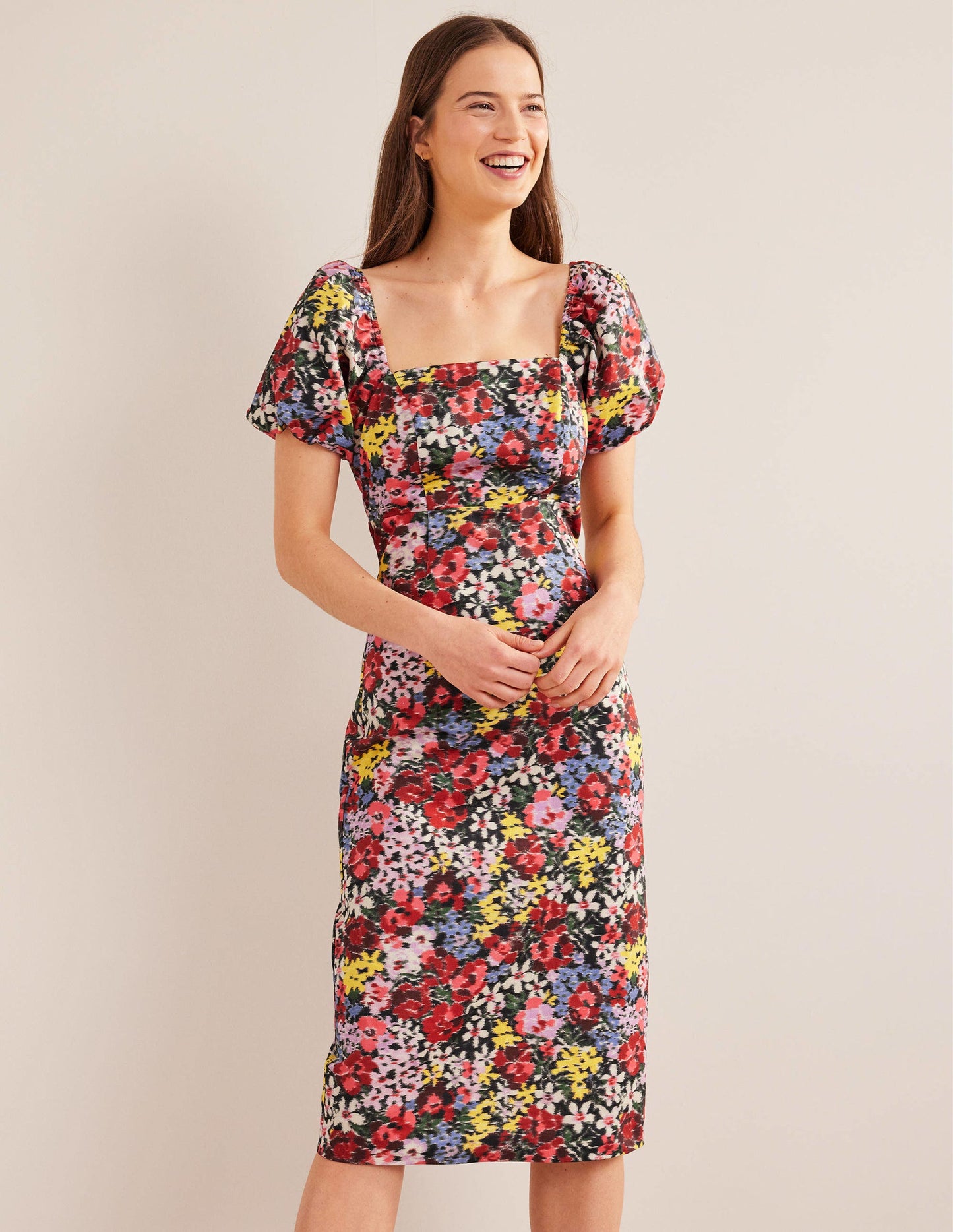 Puff Sleeve Column Midi Dress-Multi, Moire Bloom