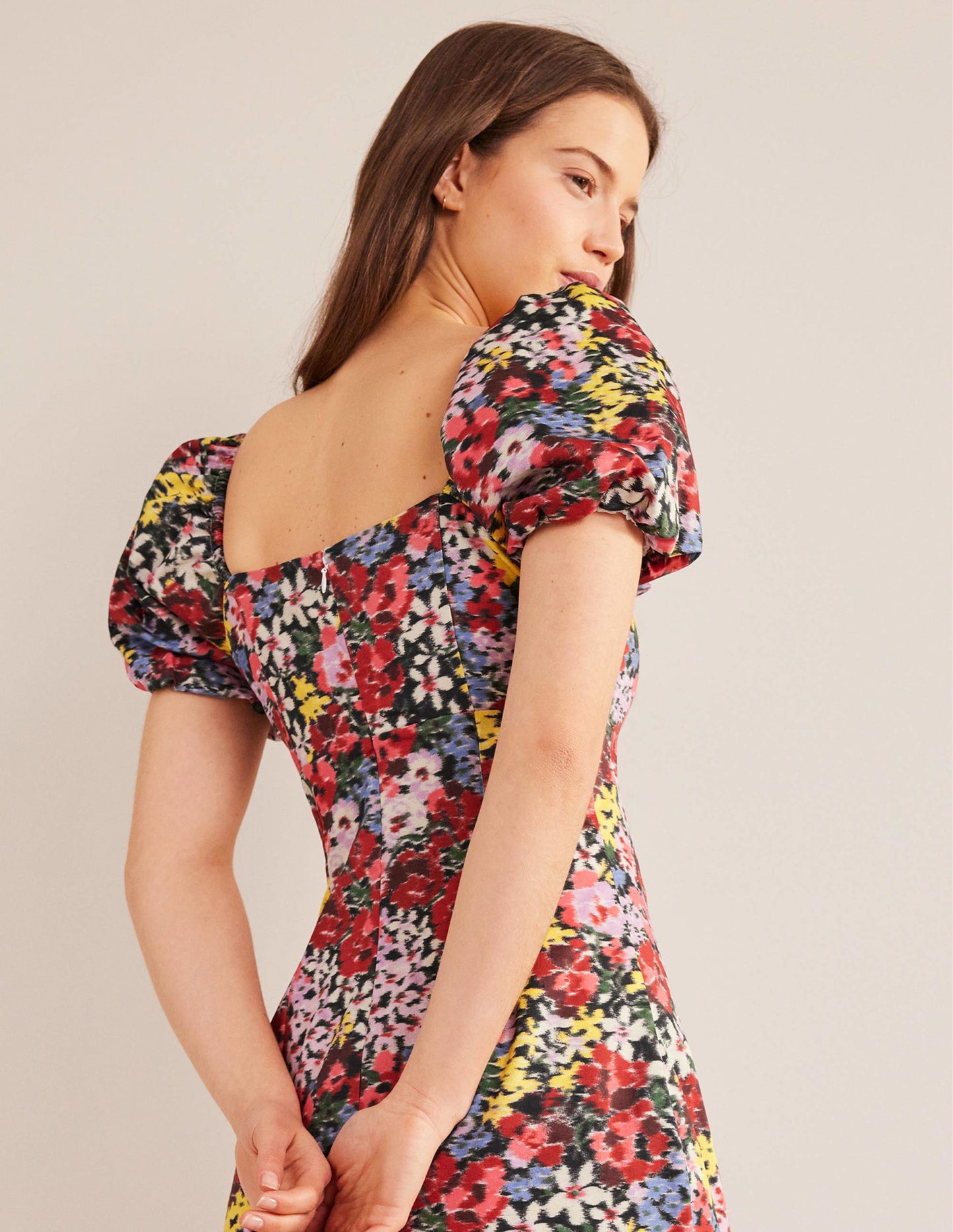 Puff Sleeve Column Midi Dress-Multi, Moire Bloom