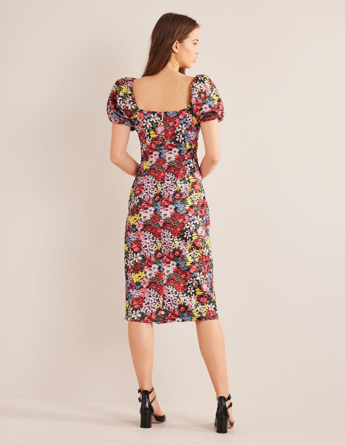 Puff Sleeve Column Midi Dress-Multi, Moire Bloom