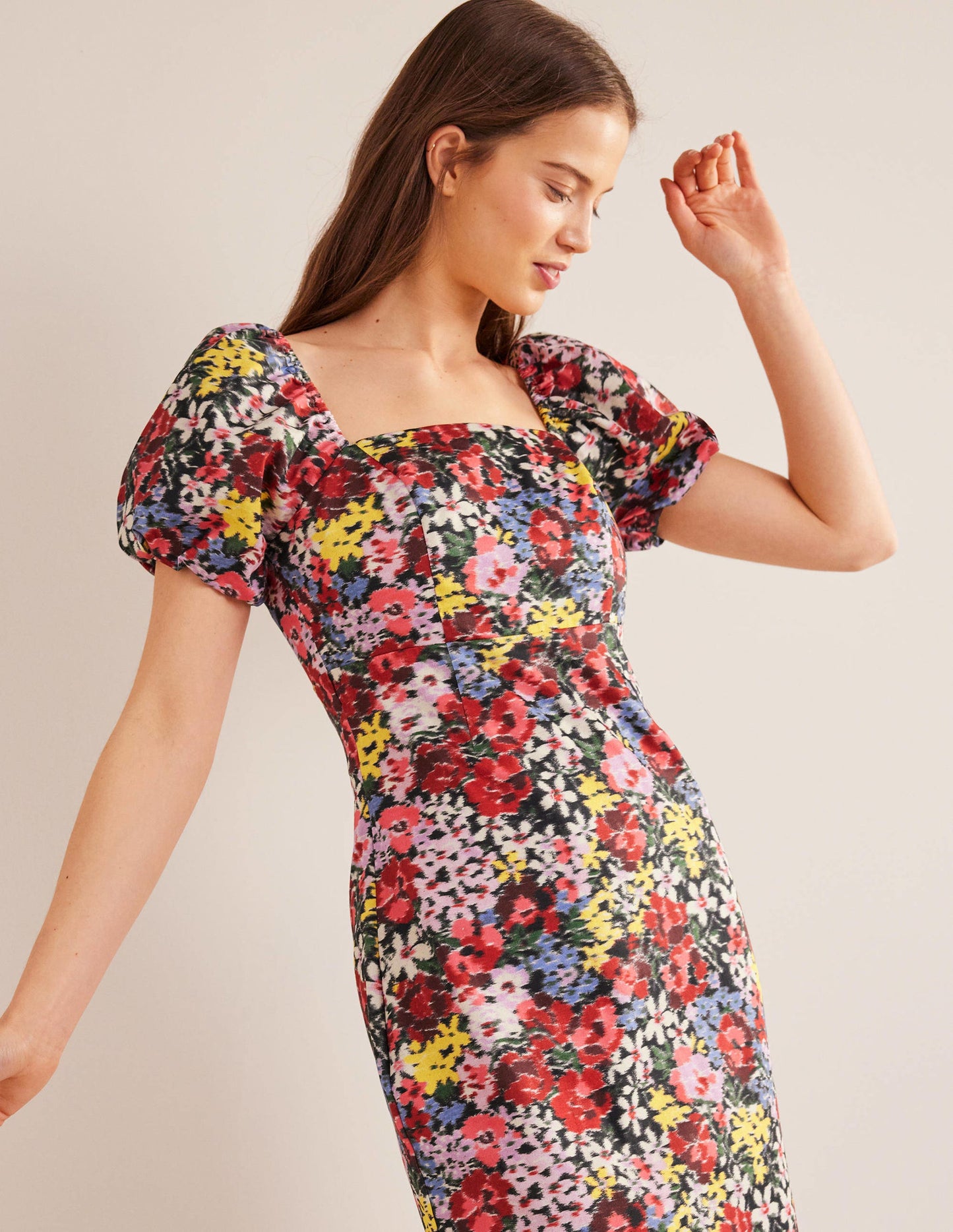 Puff Sleeve Column Midi Dress-Multi, Moire Bloom