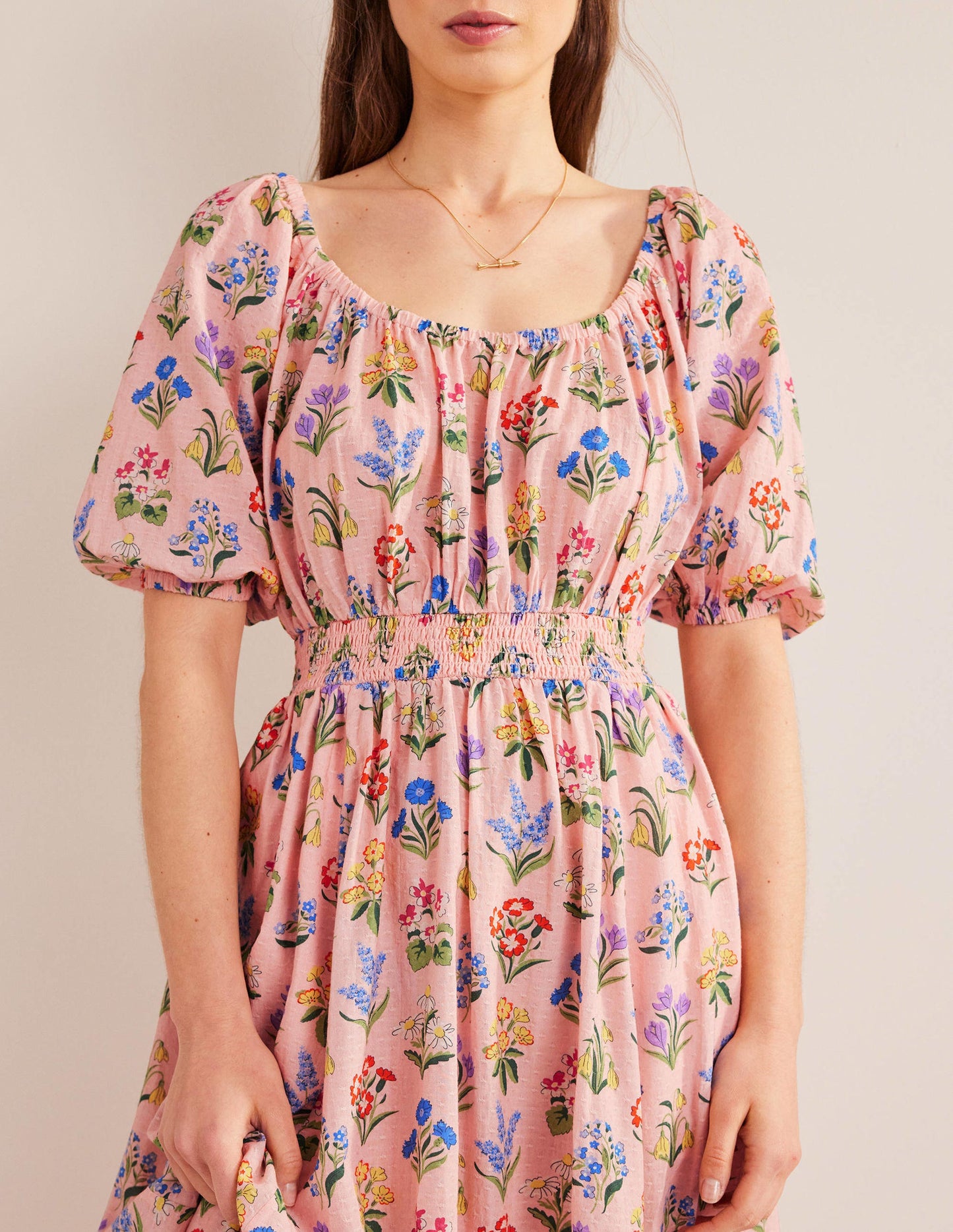 Midikleid mit Rundhalsausschnitt-Altrosa, Frühlingsgarten