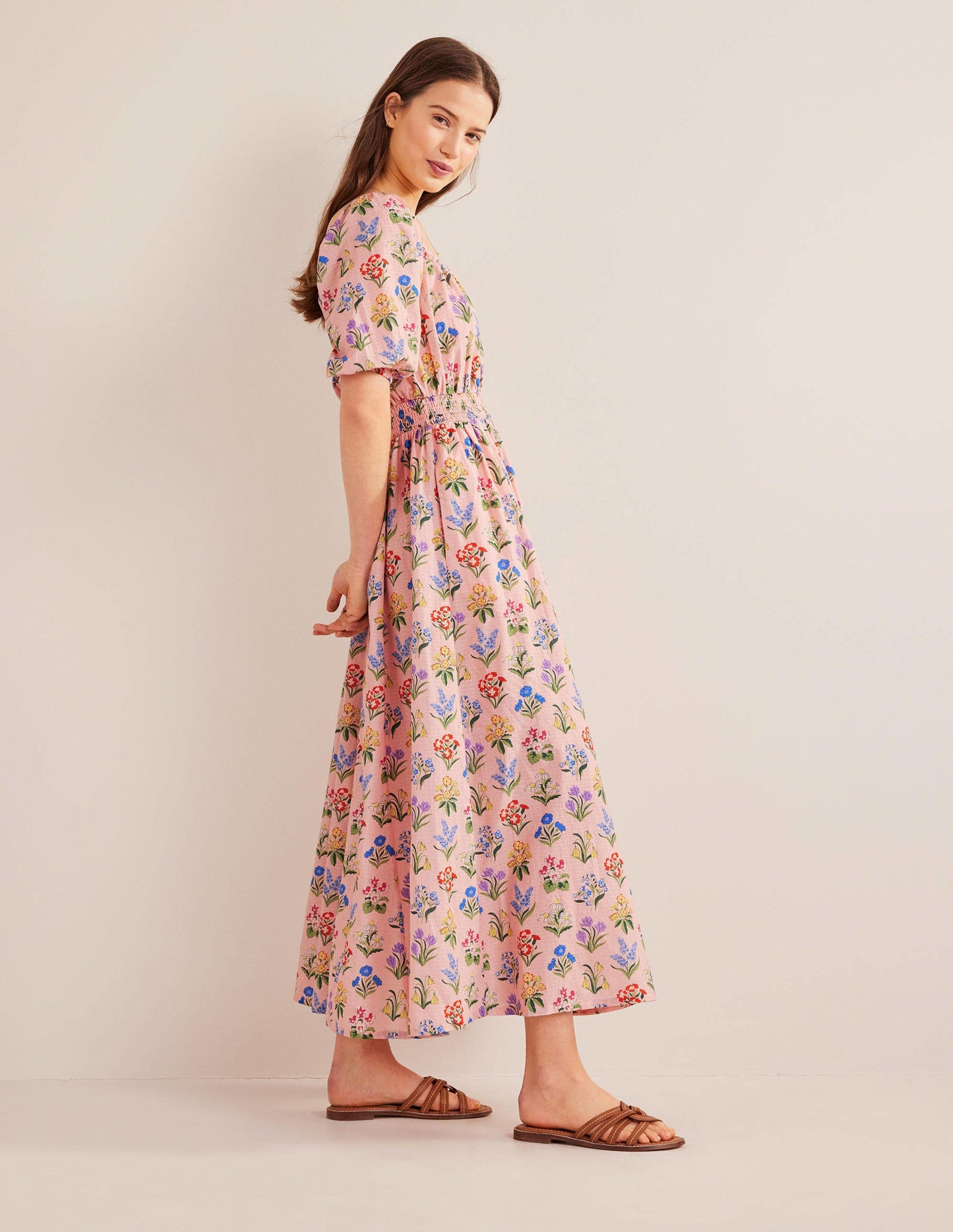 Midikleid mit Rundhalsausschnitt-Altrosa, Frühlingsgarten